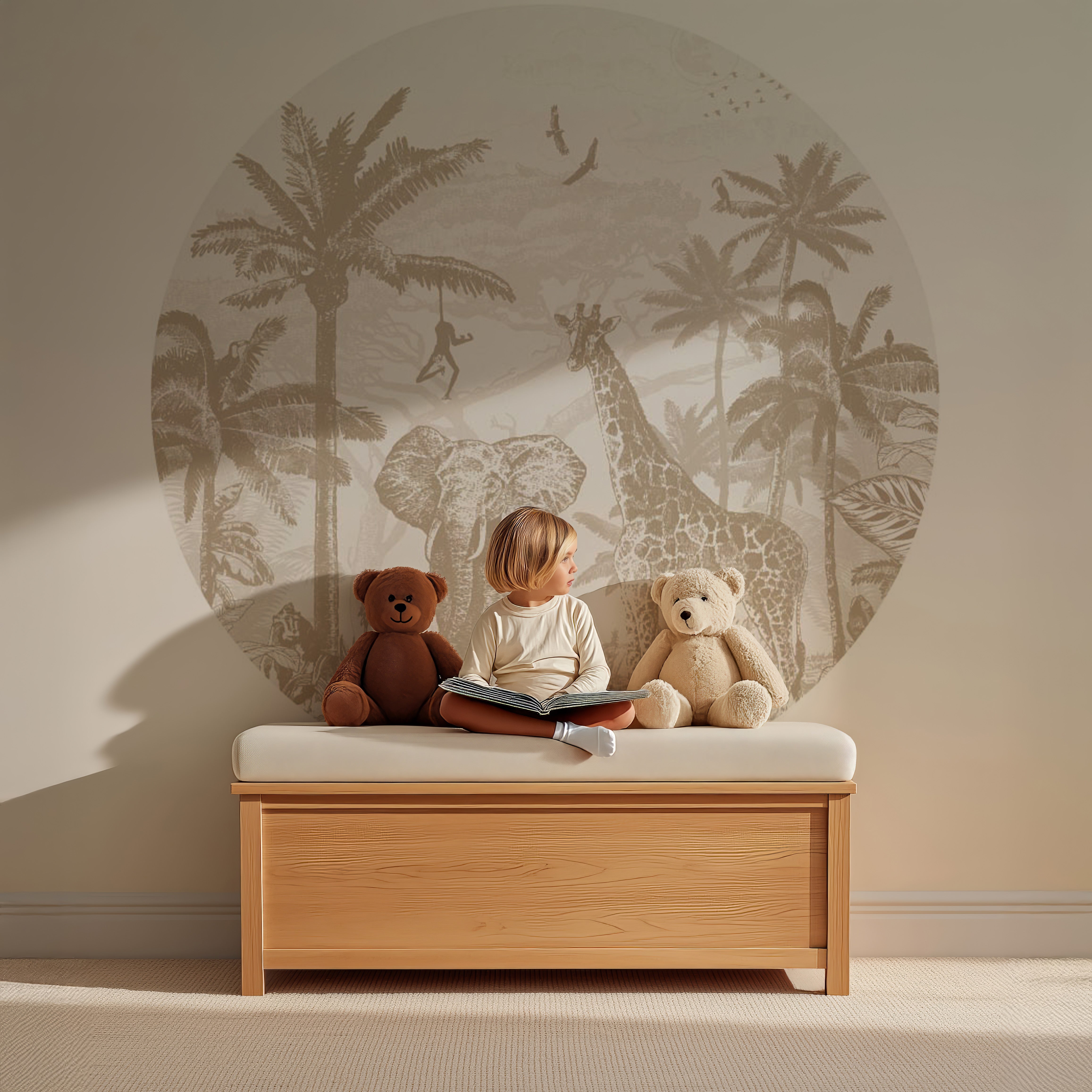 Muursticker met jungle dieren in beige tinten, sfeervolle kinderkamer met giraf, olifant en palmbladeren.