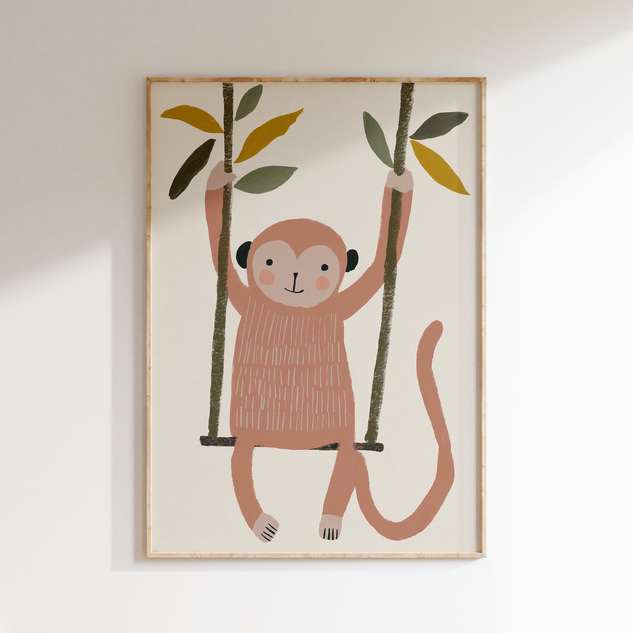 Vrolijke kinderkamer poster van een aap op een schommel.