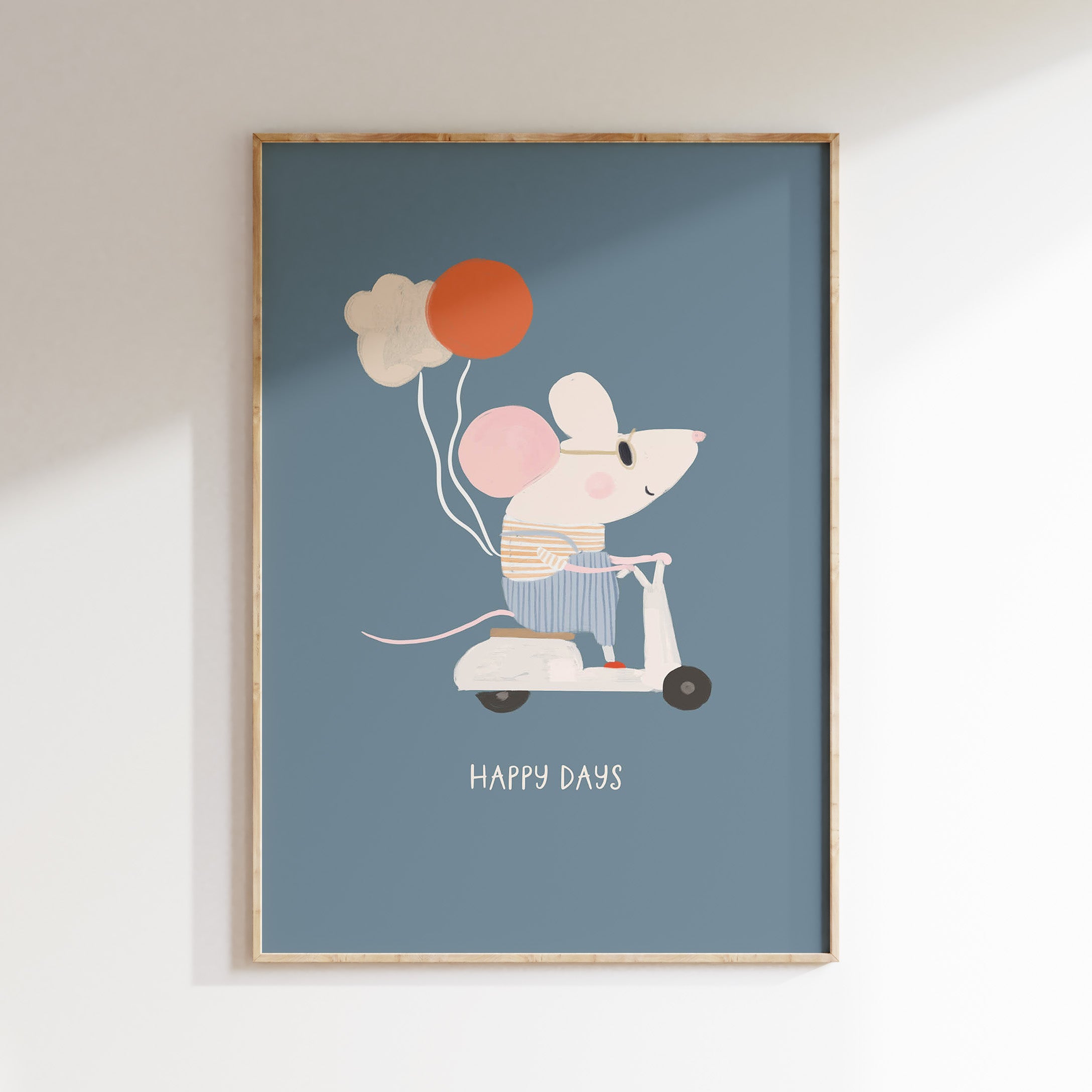 Kinderkamer print – Muis op Scooter met Ballonnen