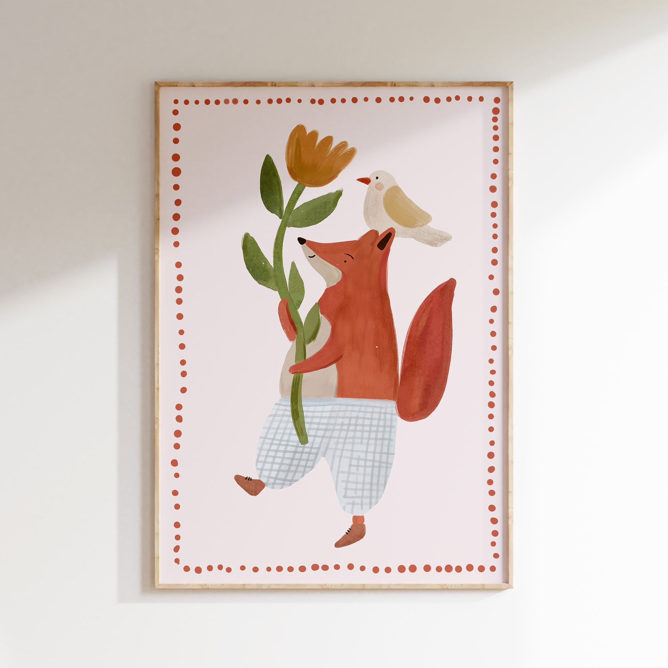 Children's room print - Happy Fox with Flower and Bird