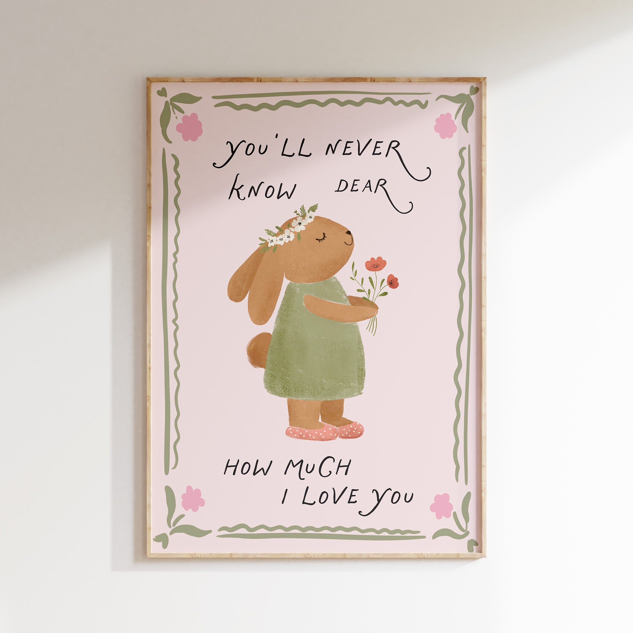 Children's room print - Rabbit with Flowers and Sweet Text