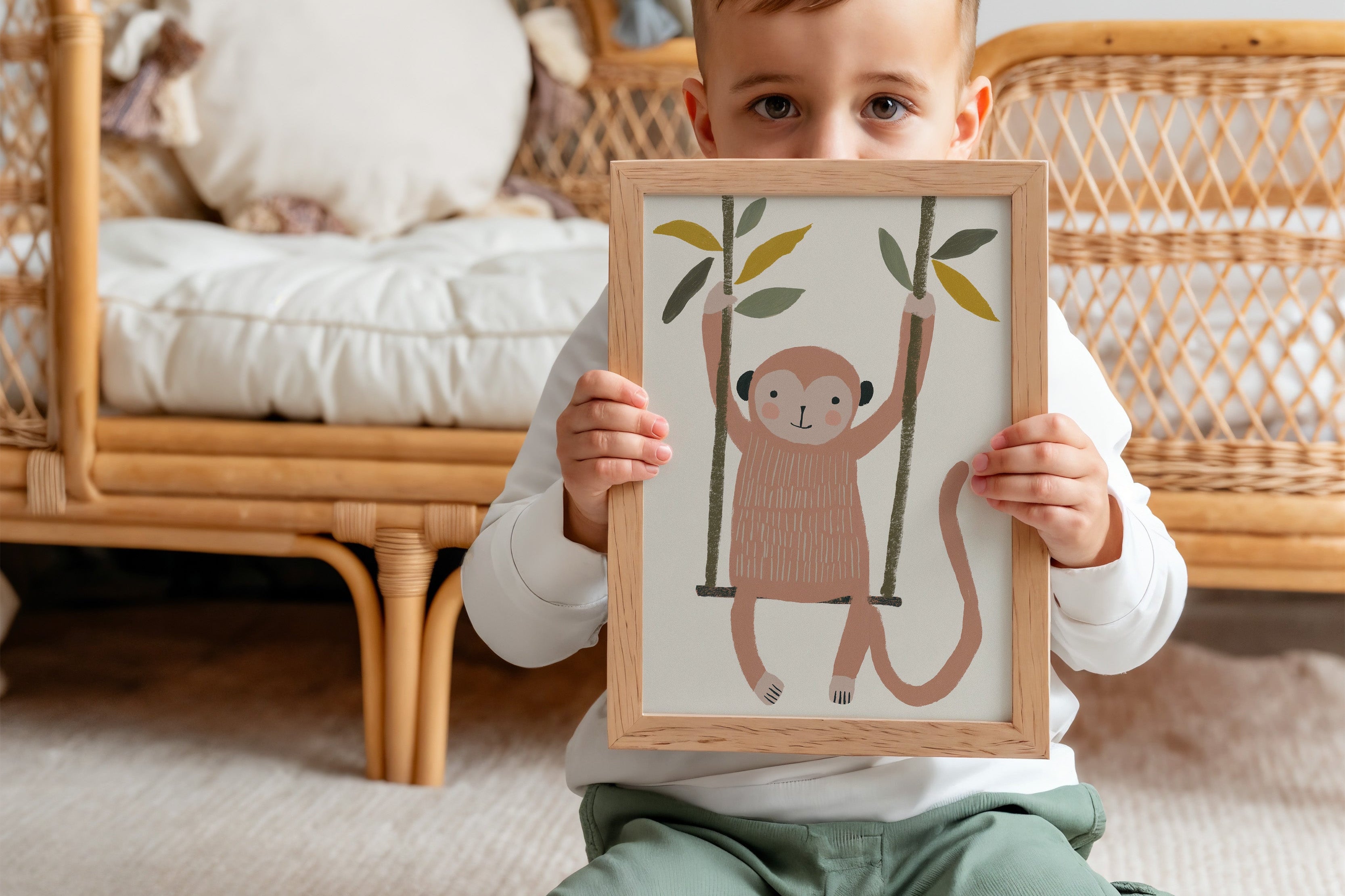 Vrolijke kinderkamer poster van een aap op een schommel die een kindje in zijn handen houdt.