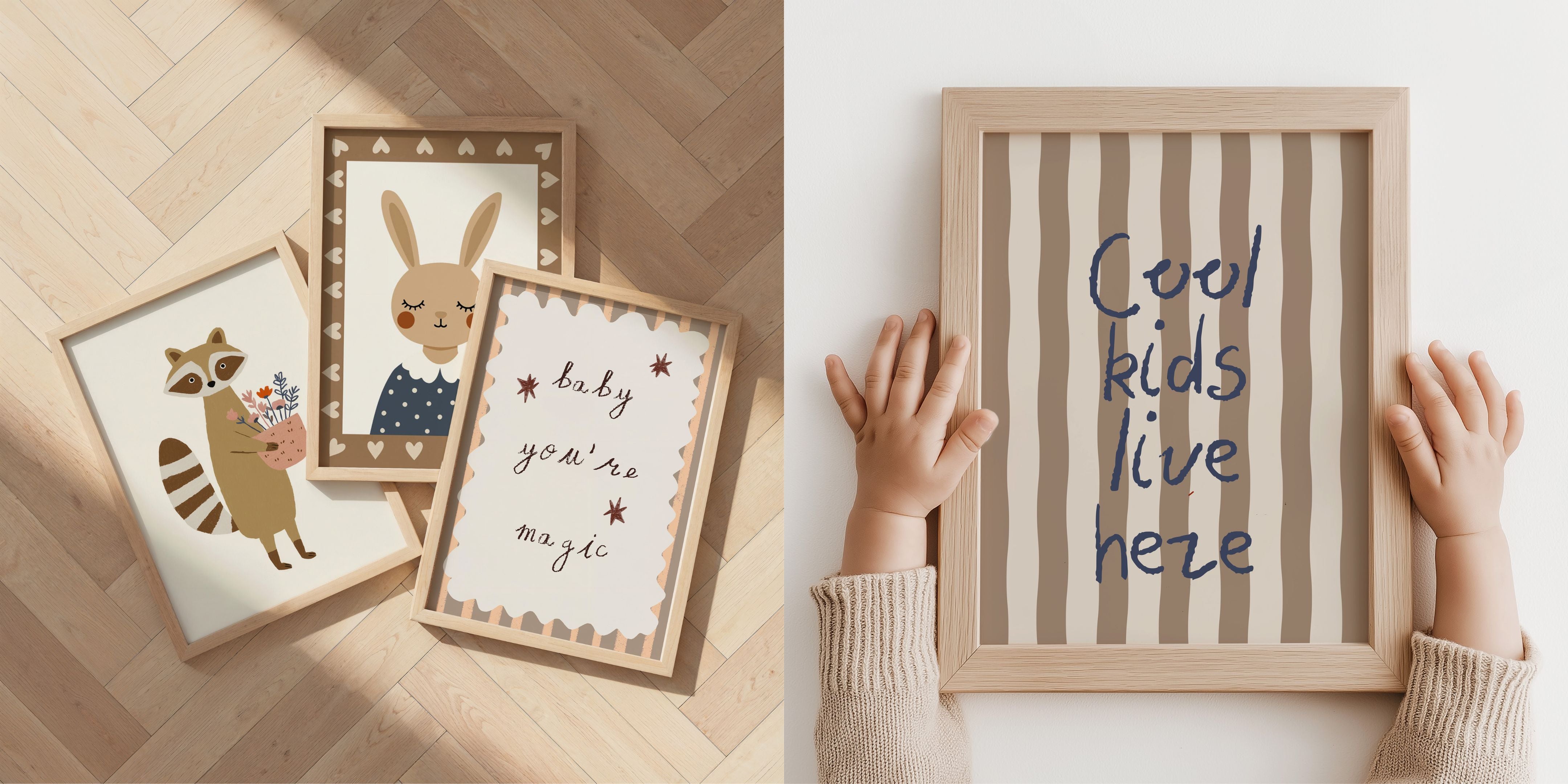Retro kinderposters met dierenillustraties en speelse typografie in warme tinten, ingelijst en perfect voor een gezellige kinderkamer.