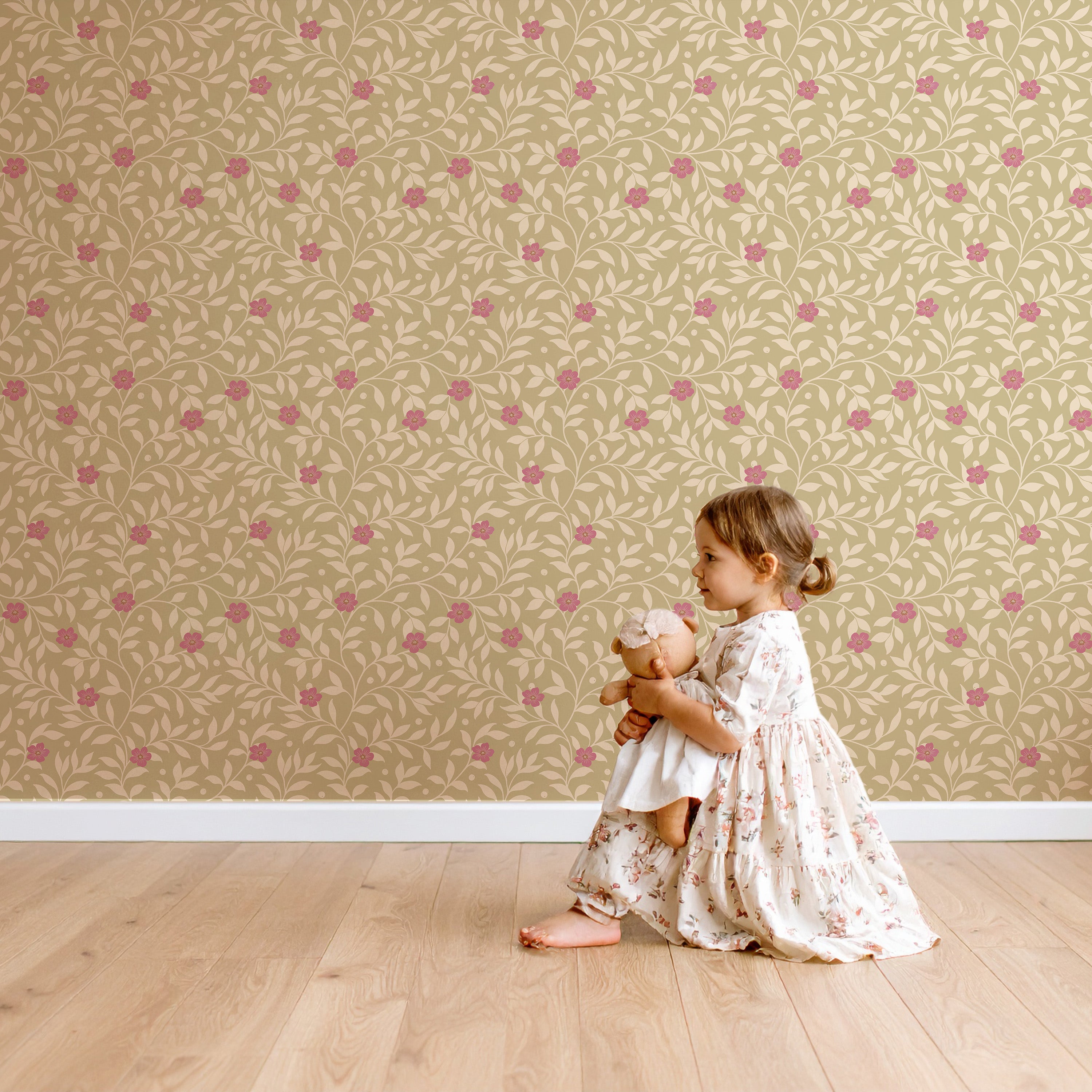 Behang Tiny Blossom - olive