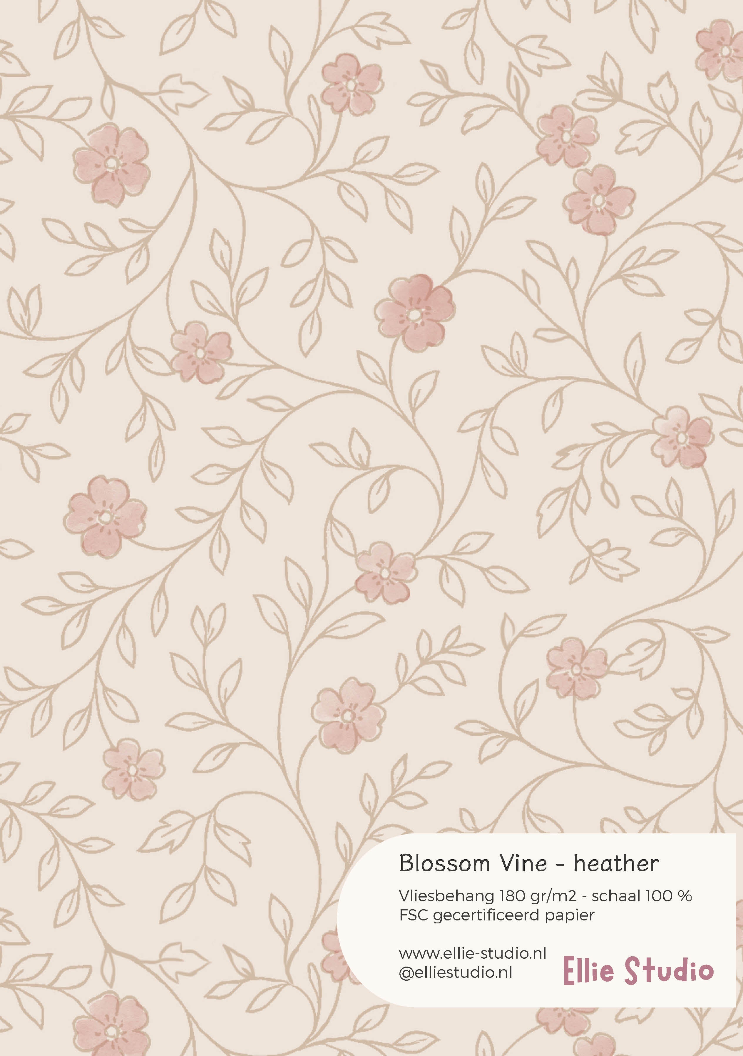 Behangstaal Blossom Vine heather met taupekleurige ranken en heideroze bloemen