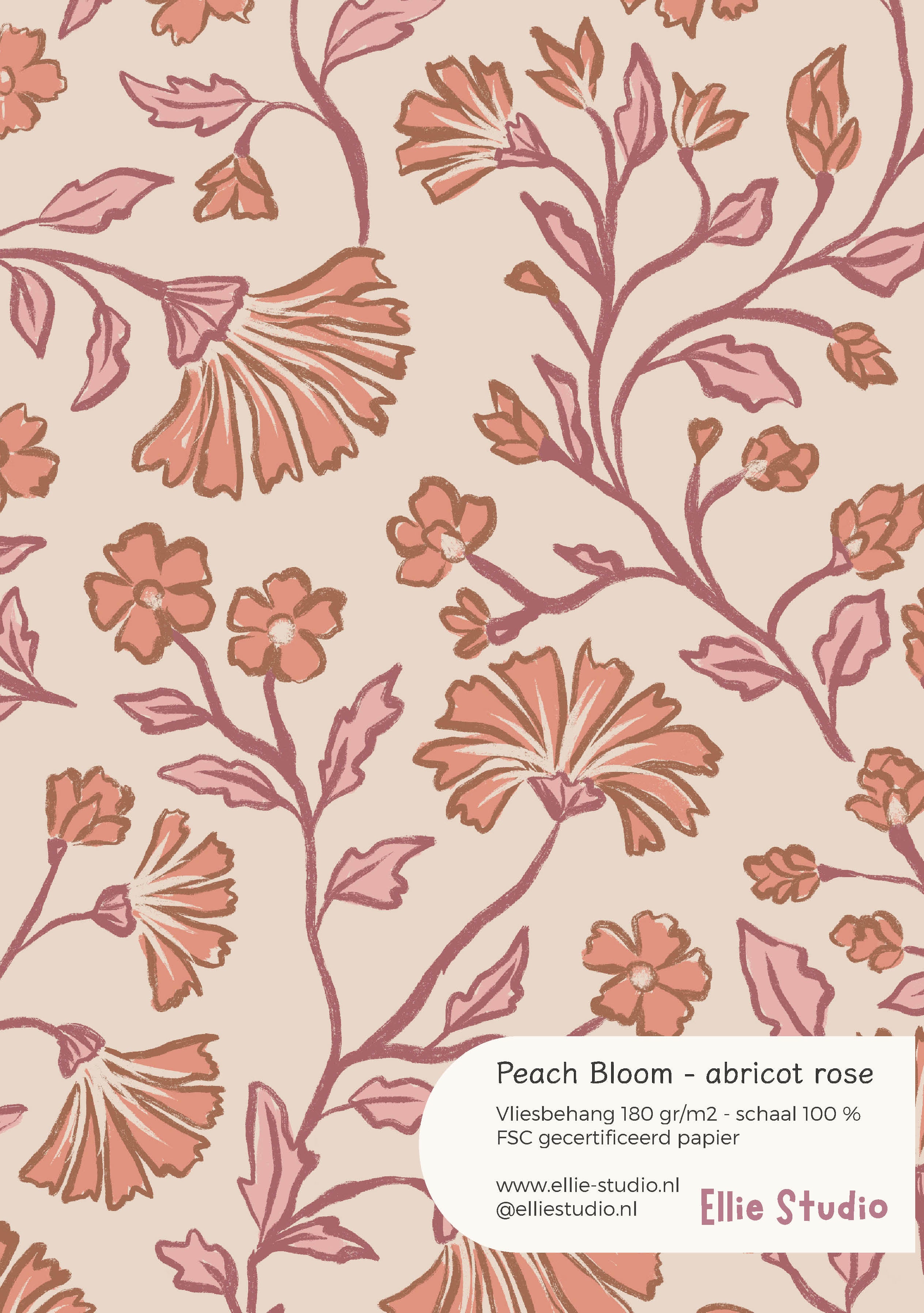 Behangstaal Peach Bloom abricot rose met abrikoosroze bloemen en dieproze ranken