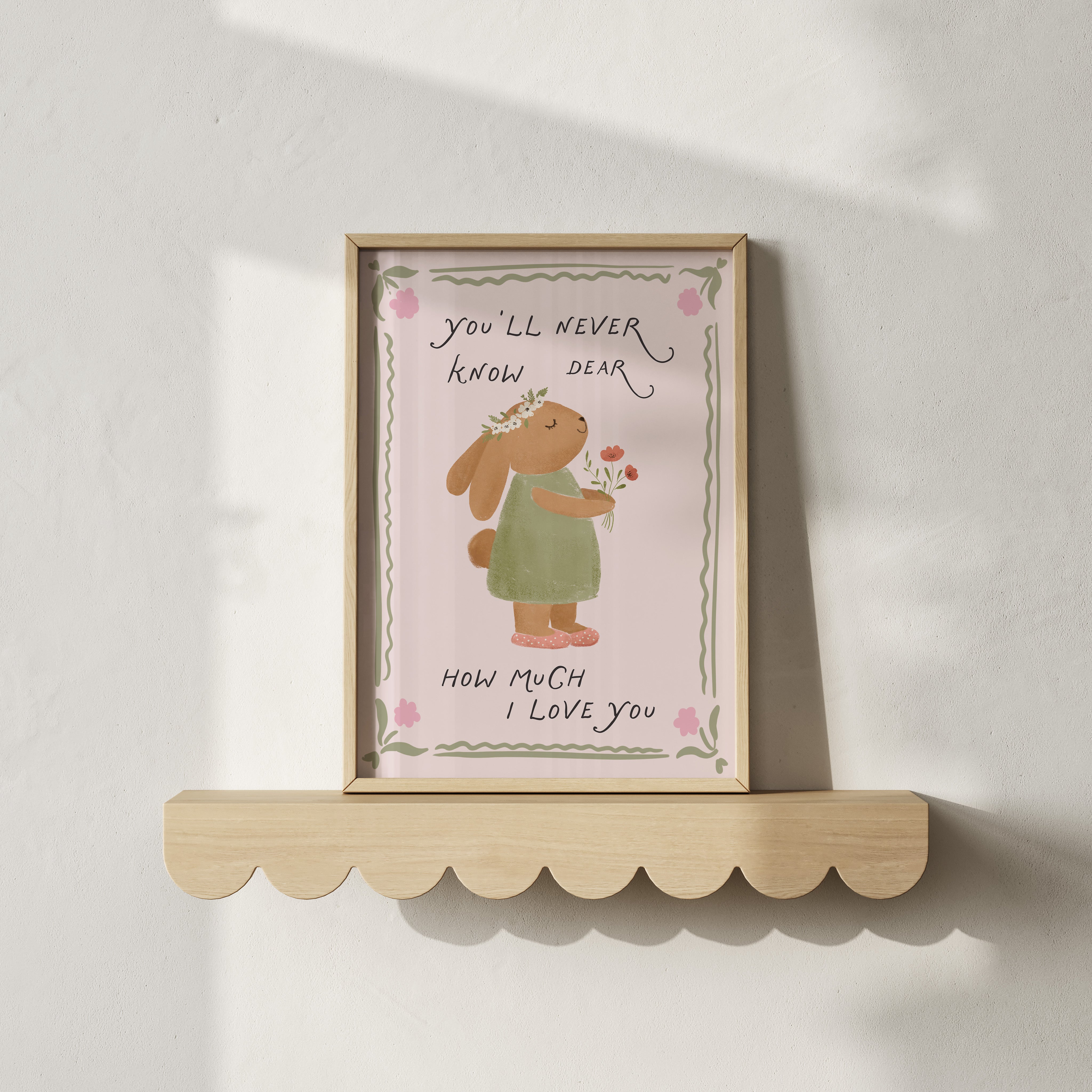 Children's room print - Rabbit with Flowers and Sweet Text