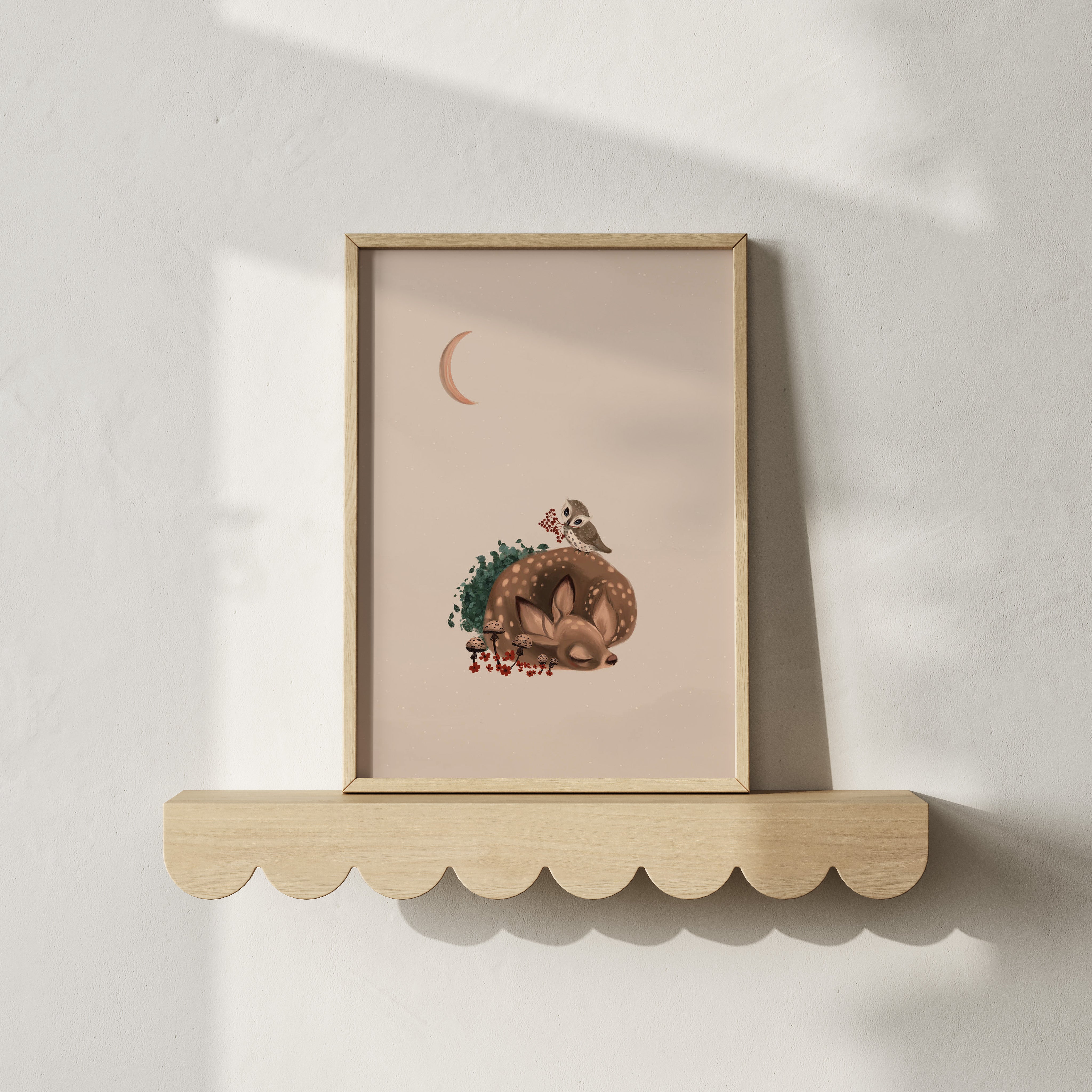 Children's room poster - Sleeping deer with owl | Enchanted Forest