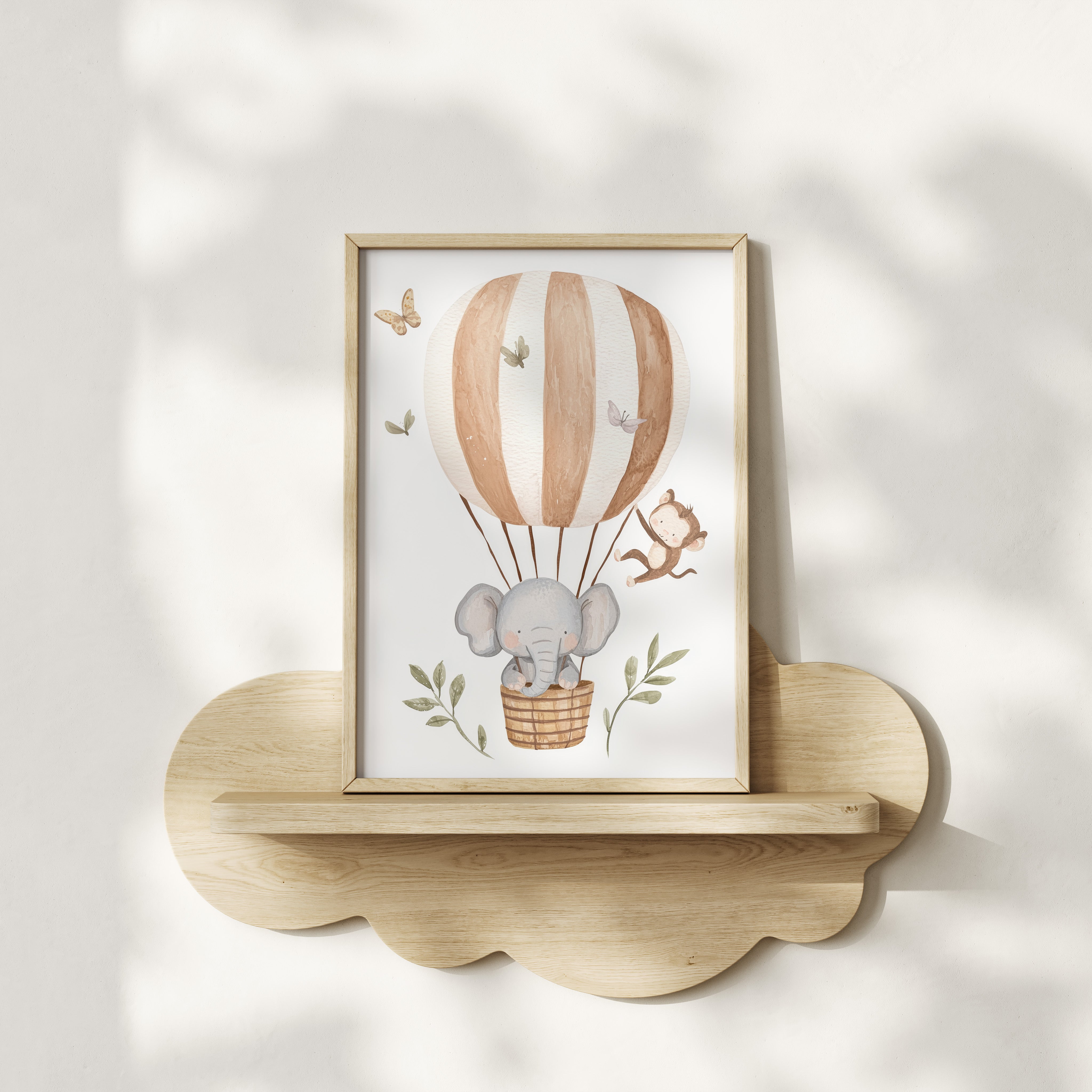 Children's room print - Elephant and Monkey in a Hot Air Balloon