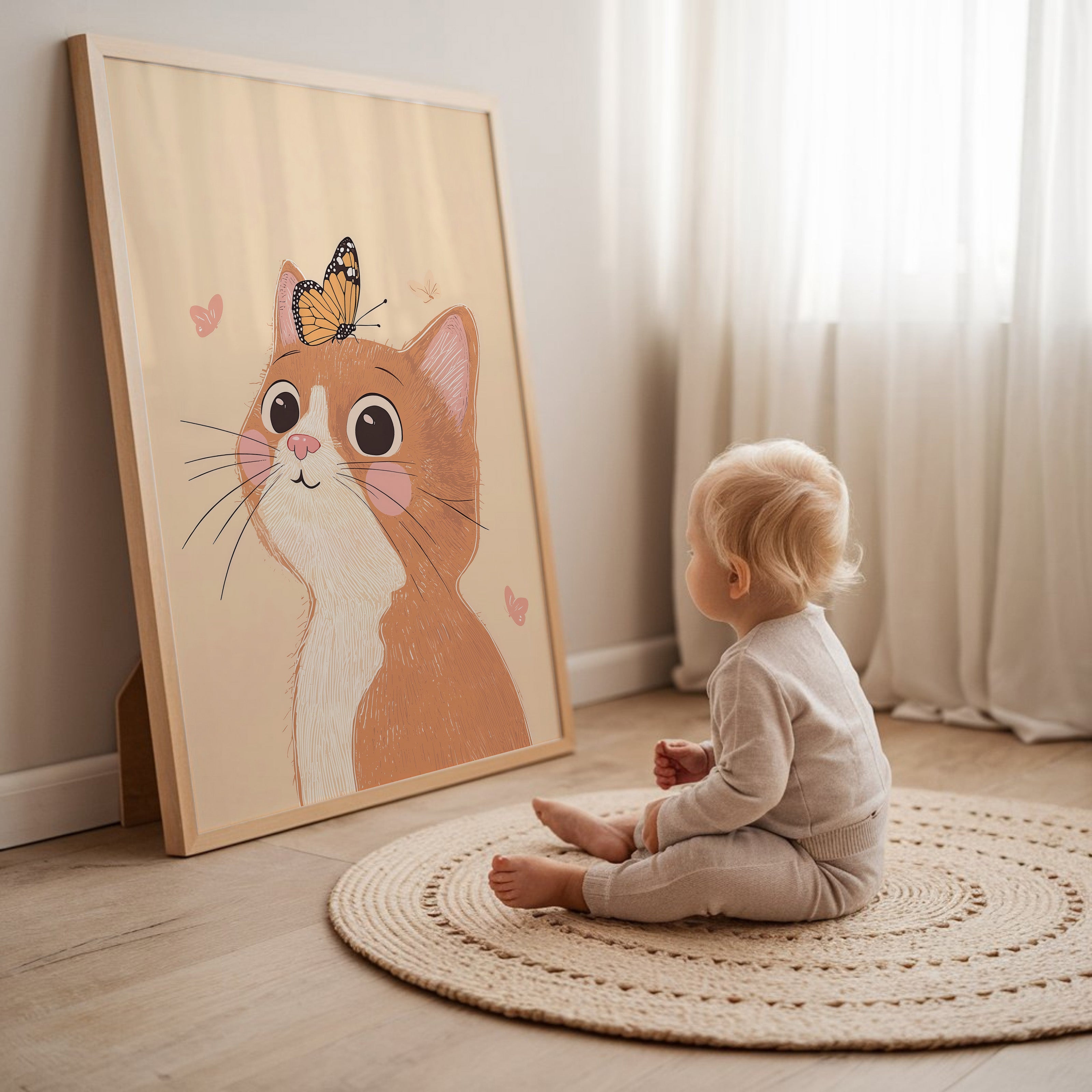Children's room print - Sweet cat with butterfly