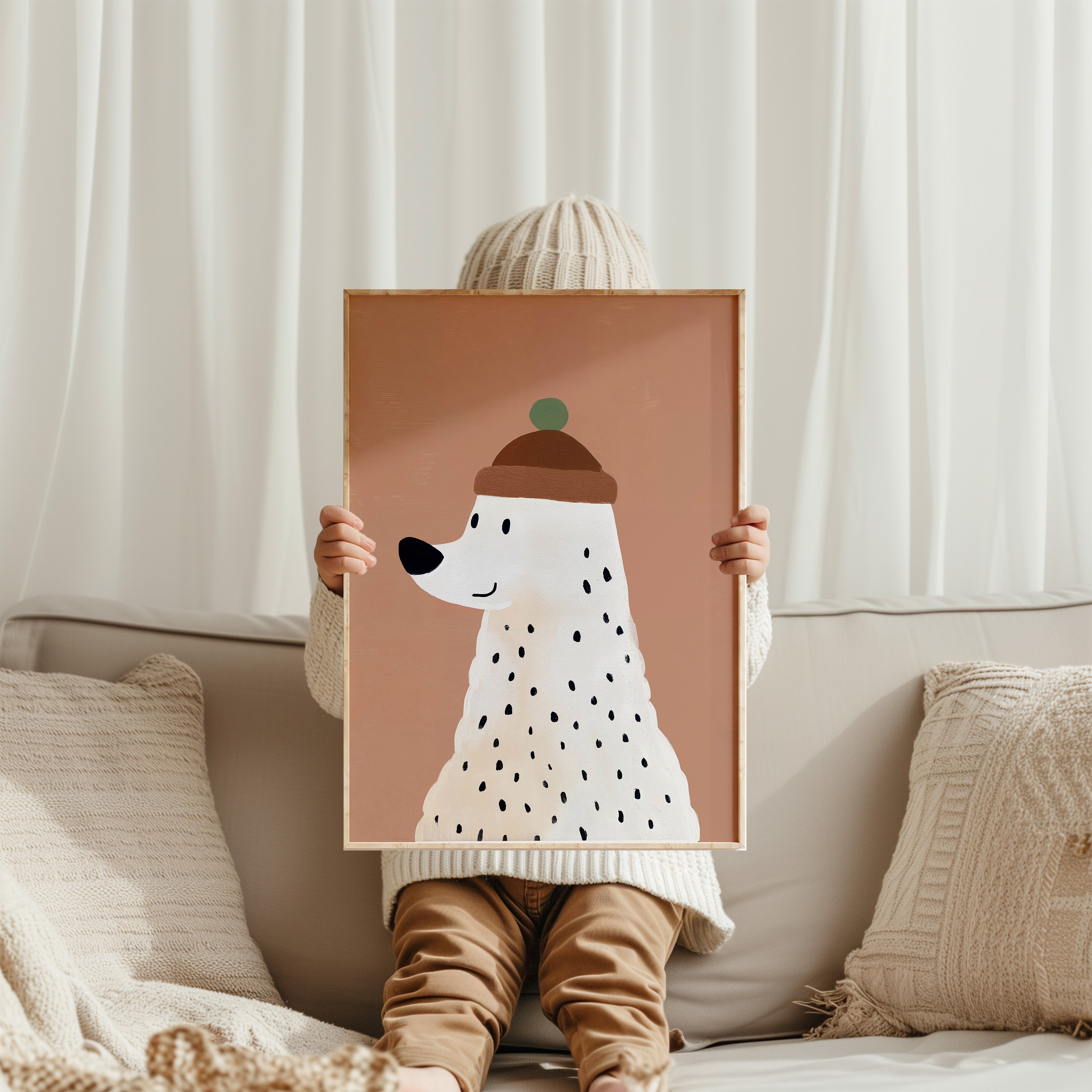 Kinderkamer print - Witte beer met muts