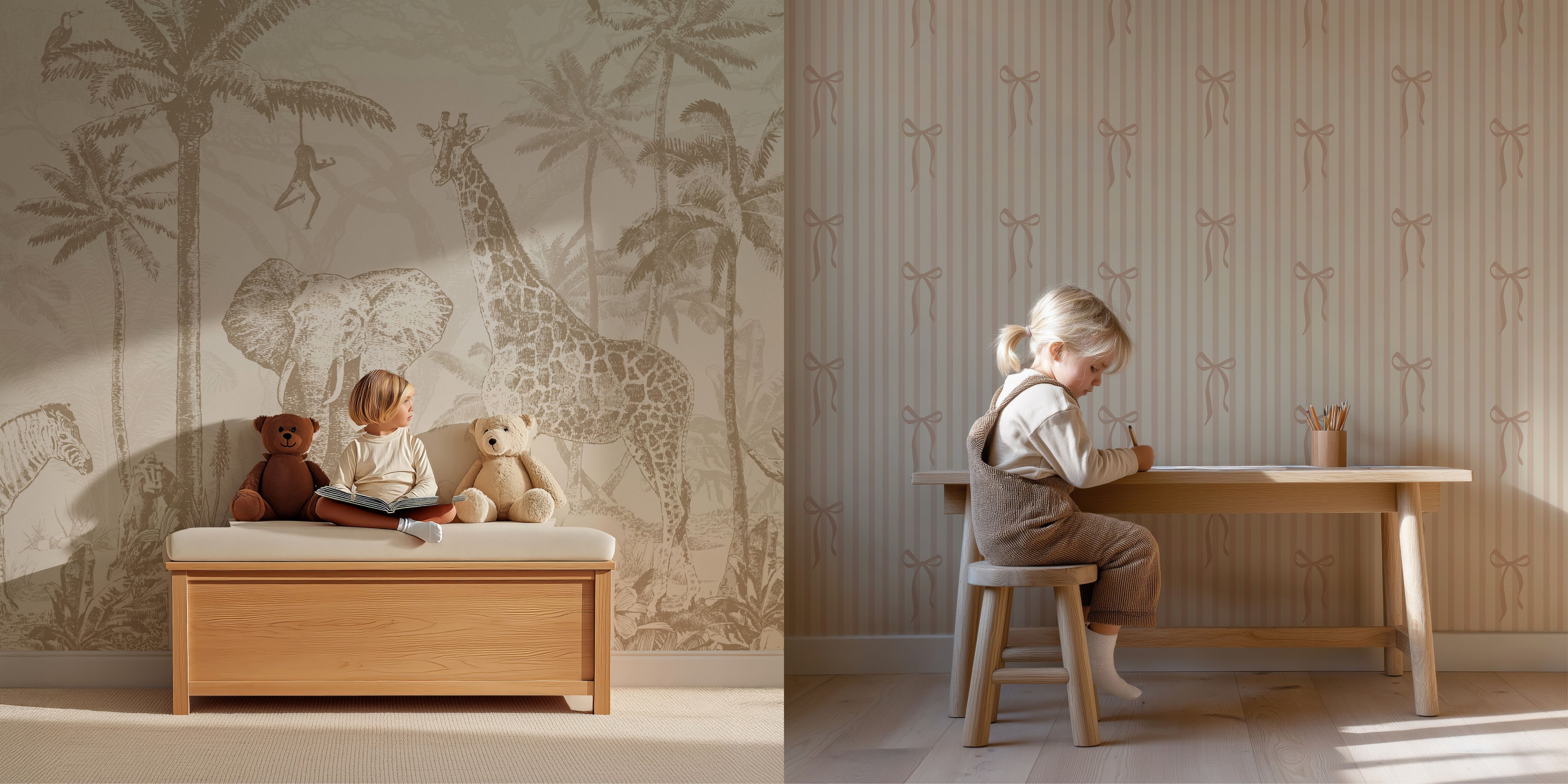 Een sfeervolle kinderkamer in zachte, natuurlijke tinten. Het rustige behang met speelse dieren en subtiele patronen creëert een warme en geborgen uitstraling. Perfect voor een kalme speel en leesplek met tijdloos houten meubilair.