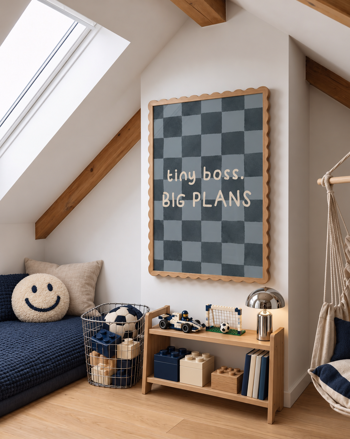 Gestylde kinderkamer met de Tiny Boss, Big Plans poster