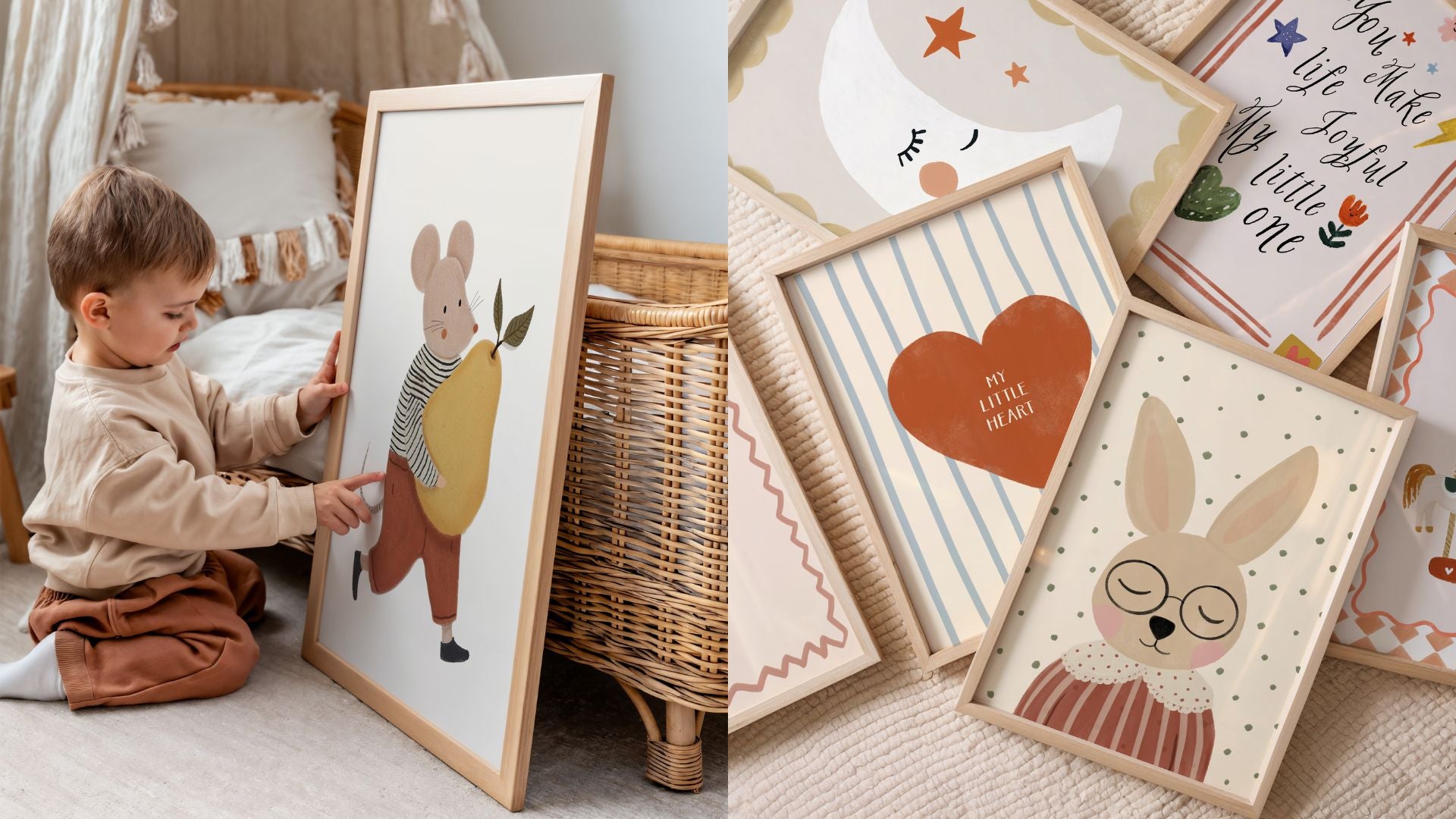 Speelse kinderposters met lieve illustraties en teksten in zachte tinten, ingelijst en perfect voor de baby of kinderkamer.