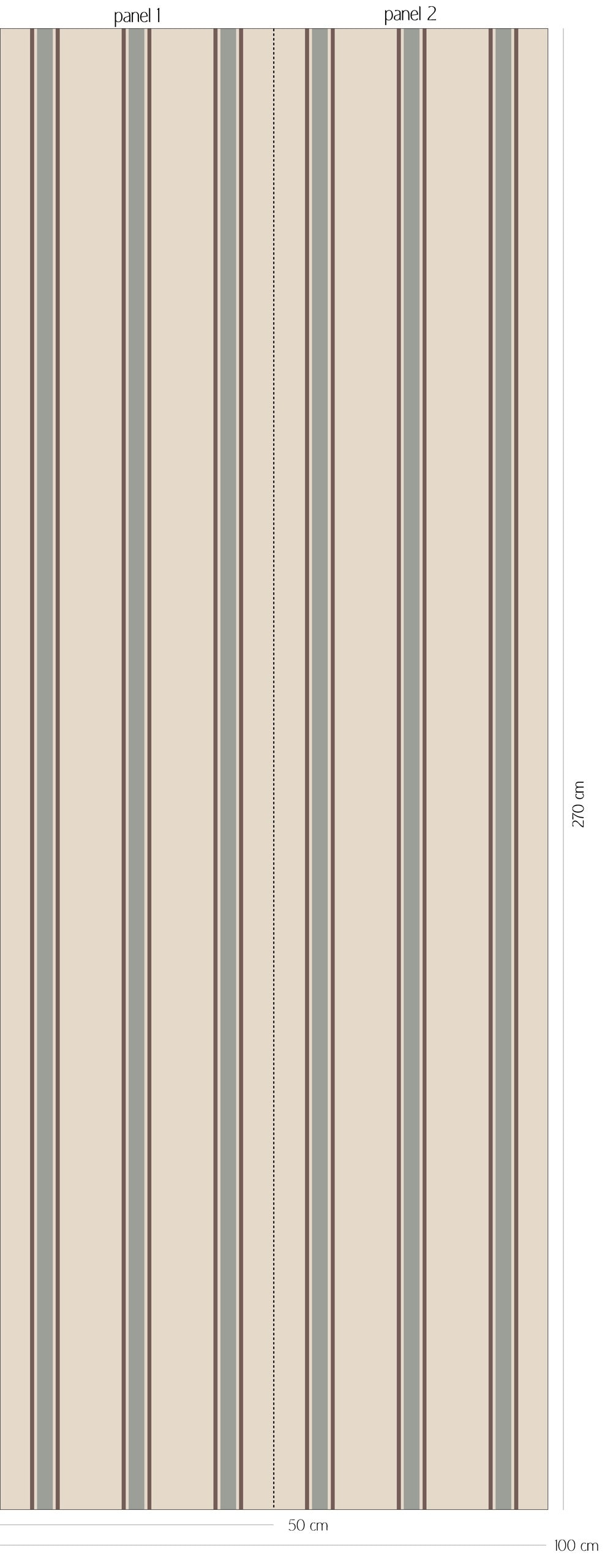 Patroonoverzicht van Vintage Stripes - dusty sage behang met verticale strepen in verschillende breedtes in licht beige, gedempt grijsgroen en warm bruin
