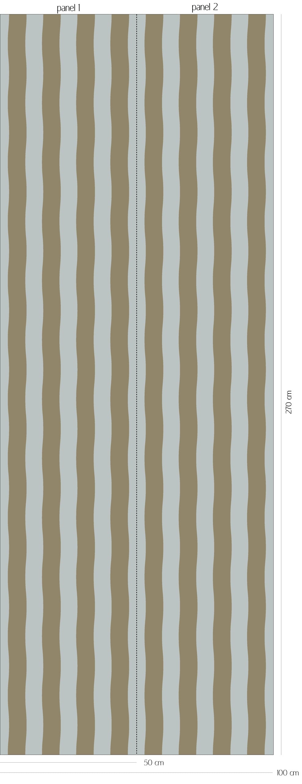 Patroonoverzicht van Wavy Stripes - olive mist behang met brede, organisch golvende strepen in gedempt olijf en zacht grijsgroen