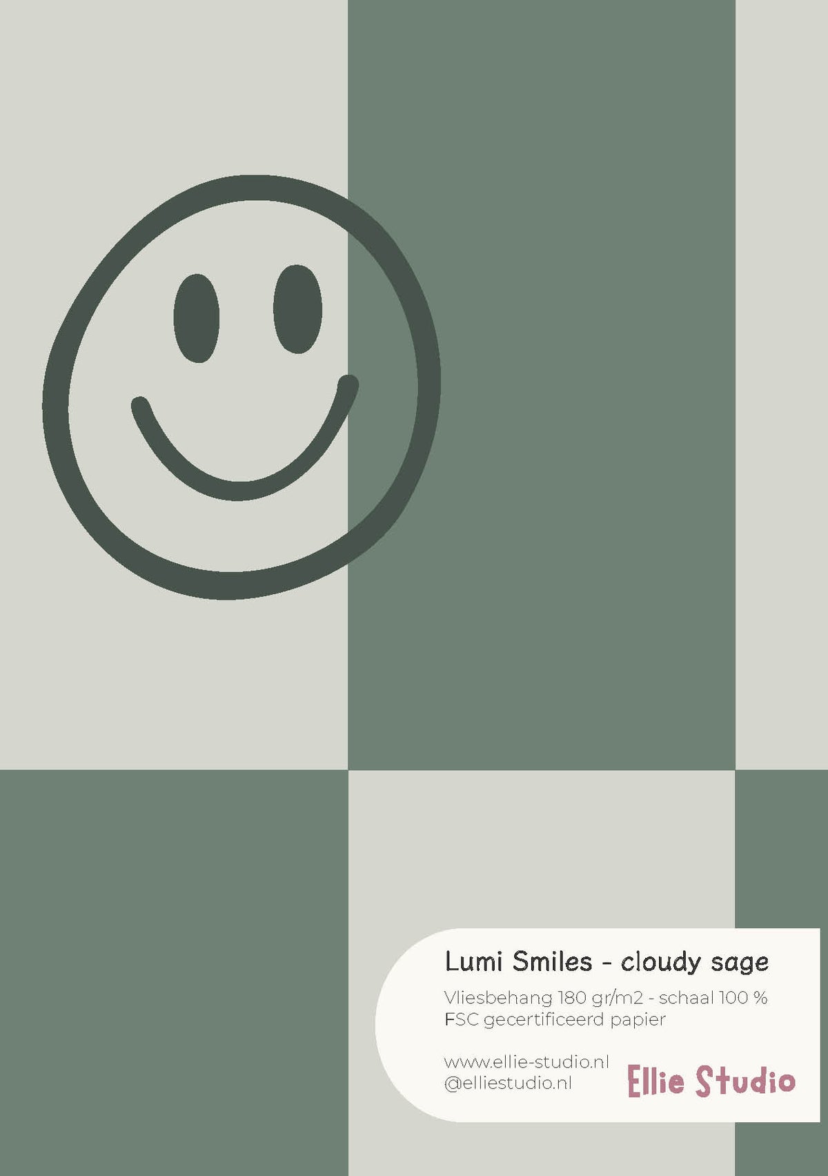A4 behangstaal Lumi Smiles - cloudy sage van ELLIE Studio met saliegroene ruiten en smileys