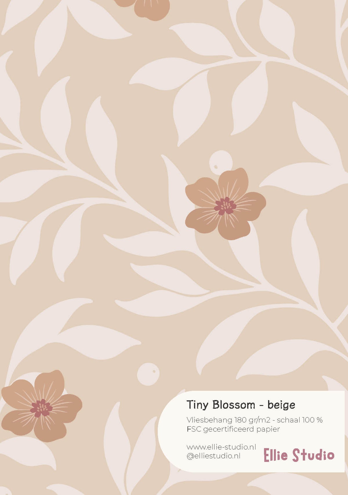 A4 behangstaal Tiny Blossom - beige met lichte bladeren en abrikooskleurige bloemen op een beige achtergrond