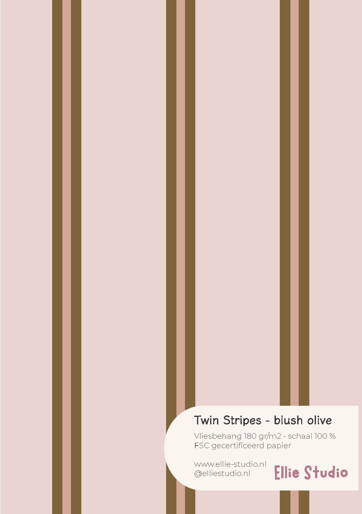 A4 behangstaal Twin Stripes - blush olive van ELLIE Studio: blushroze met dubbele strepen in olijfgroen en bruin