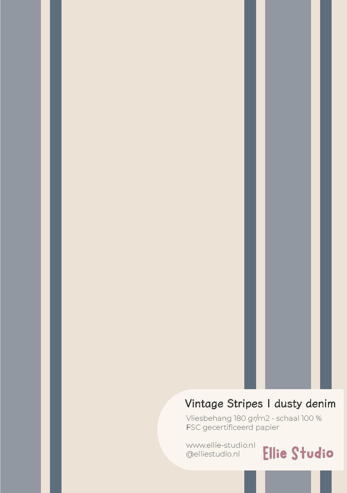 A4 behangstaal Vintage Stripes - dusty denim van ELLIE Studio: licht beige met strepen in vergrijsde blauwtinten