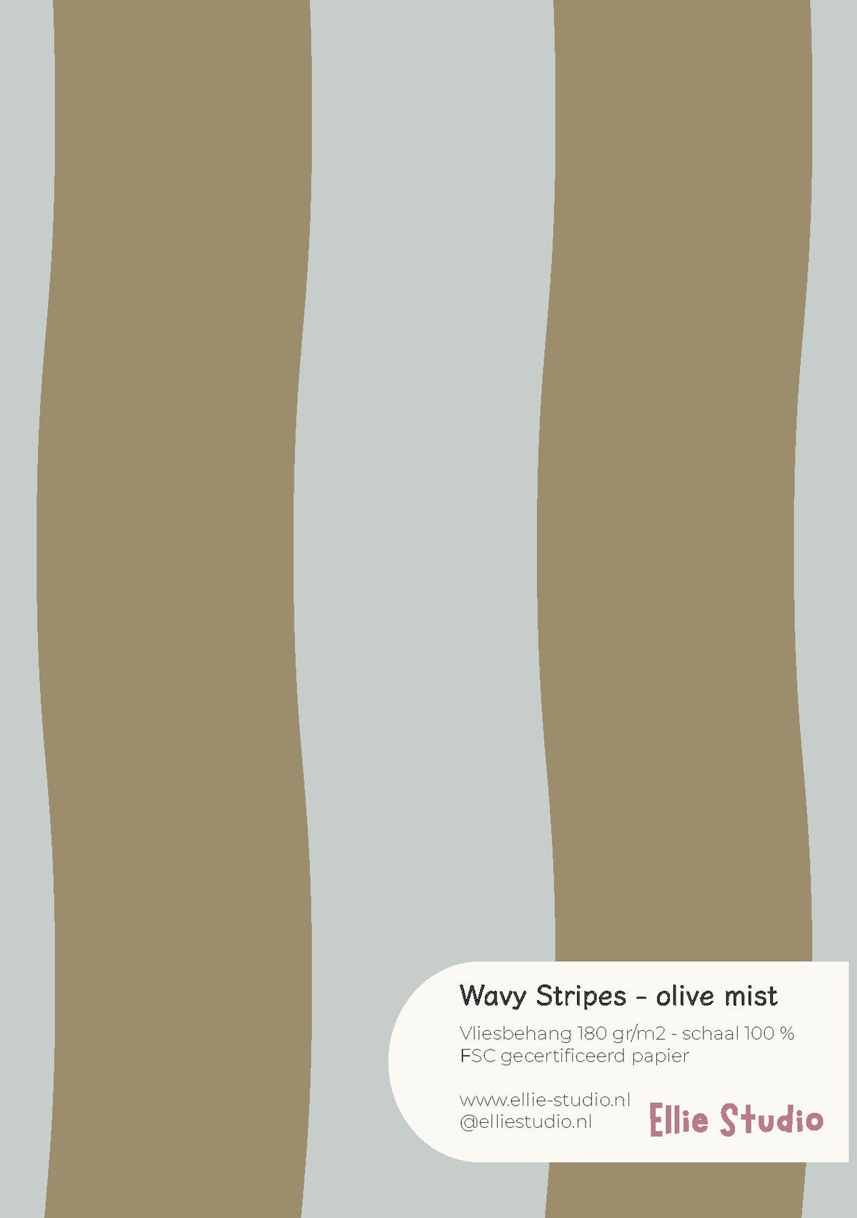 A4 behangstaal Wavy Stripes - olive mist van ELLIE Studio: olijfkleur met licht grijsgroene golvende strepen