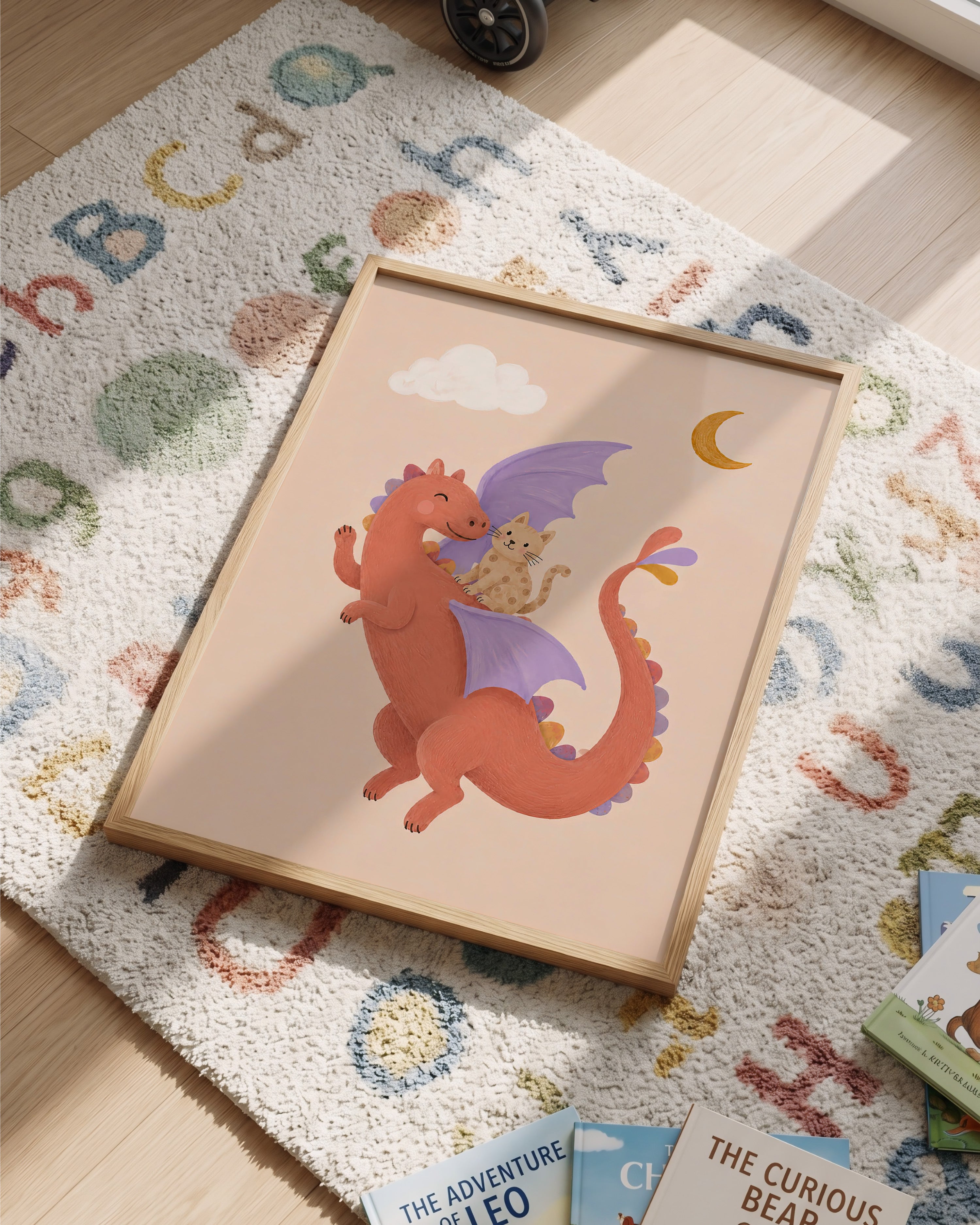 Kinderkamer poster met terracotta draak, poes, wolk en gouden maan