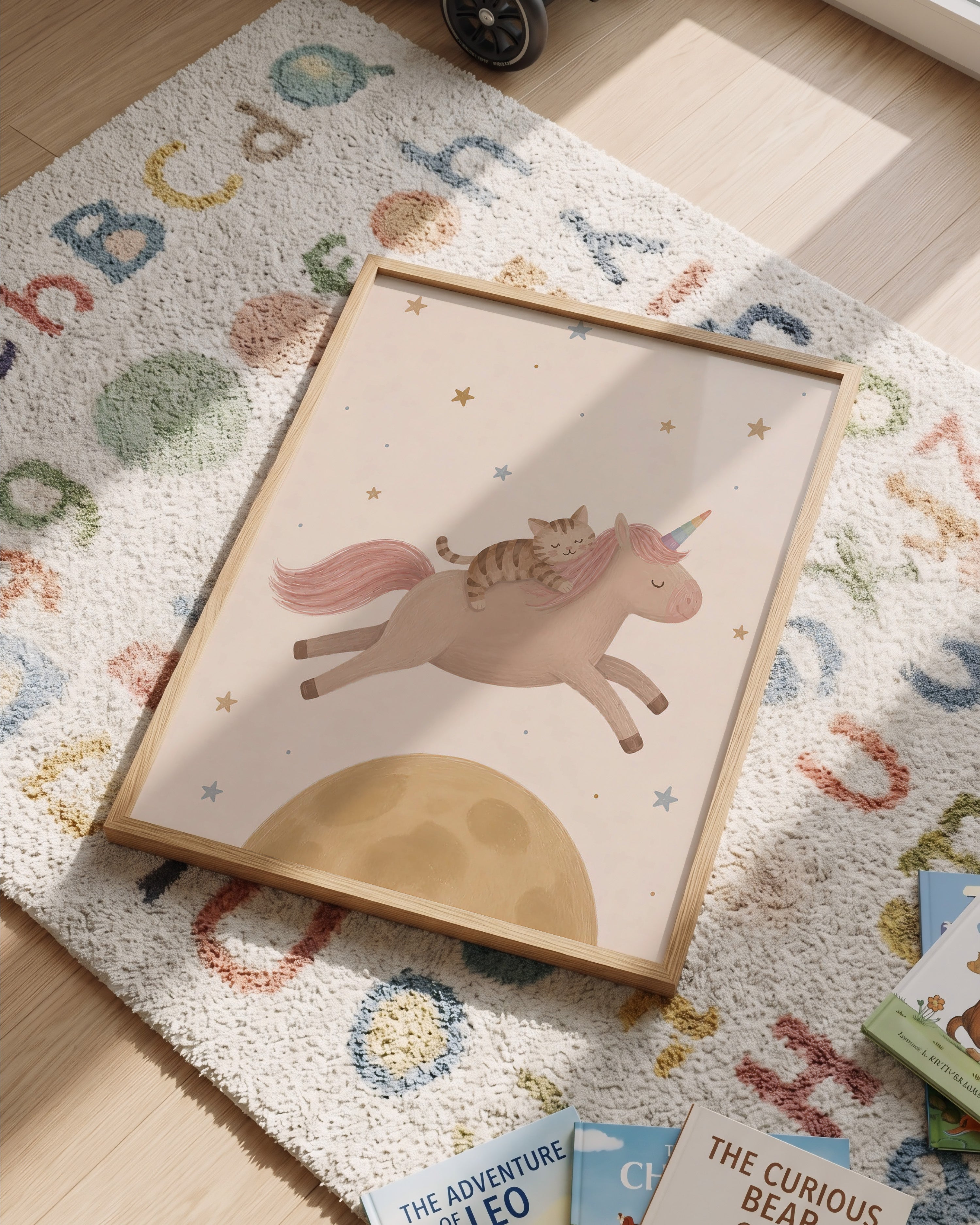 Kinderkamer poster met gestreepte poes op een vliegende roze eenhoorn