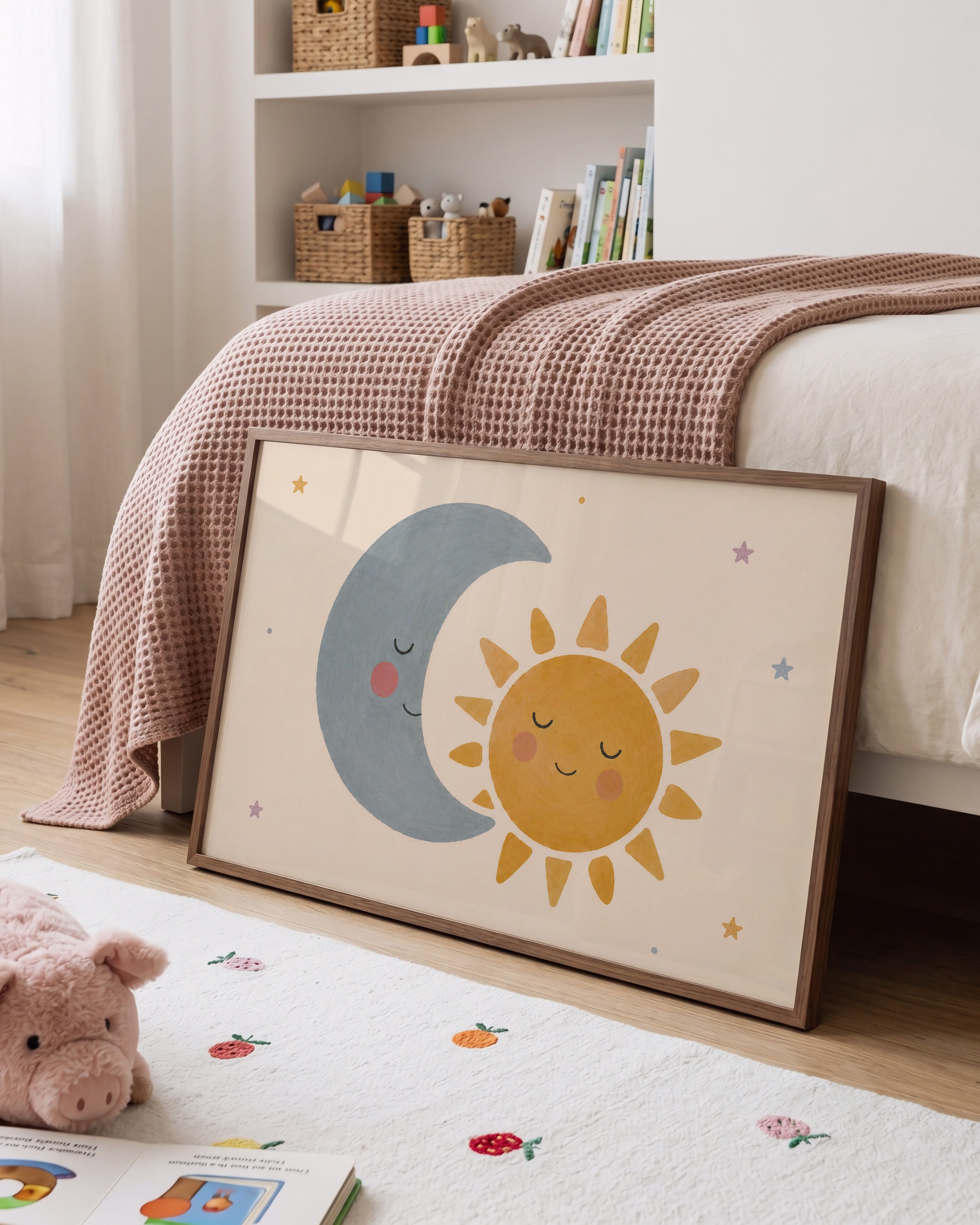 Kinderkamer poster met okergele zon, blauwgrijze maan en pastelsterren
