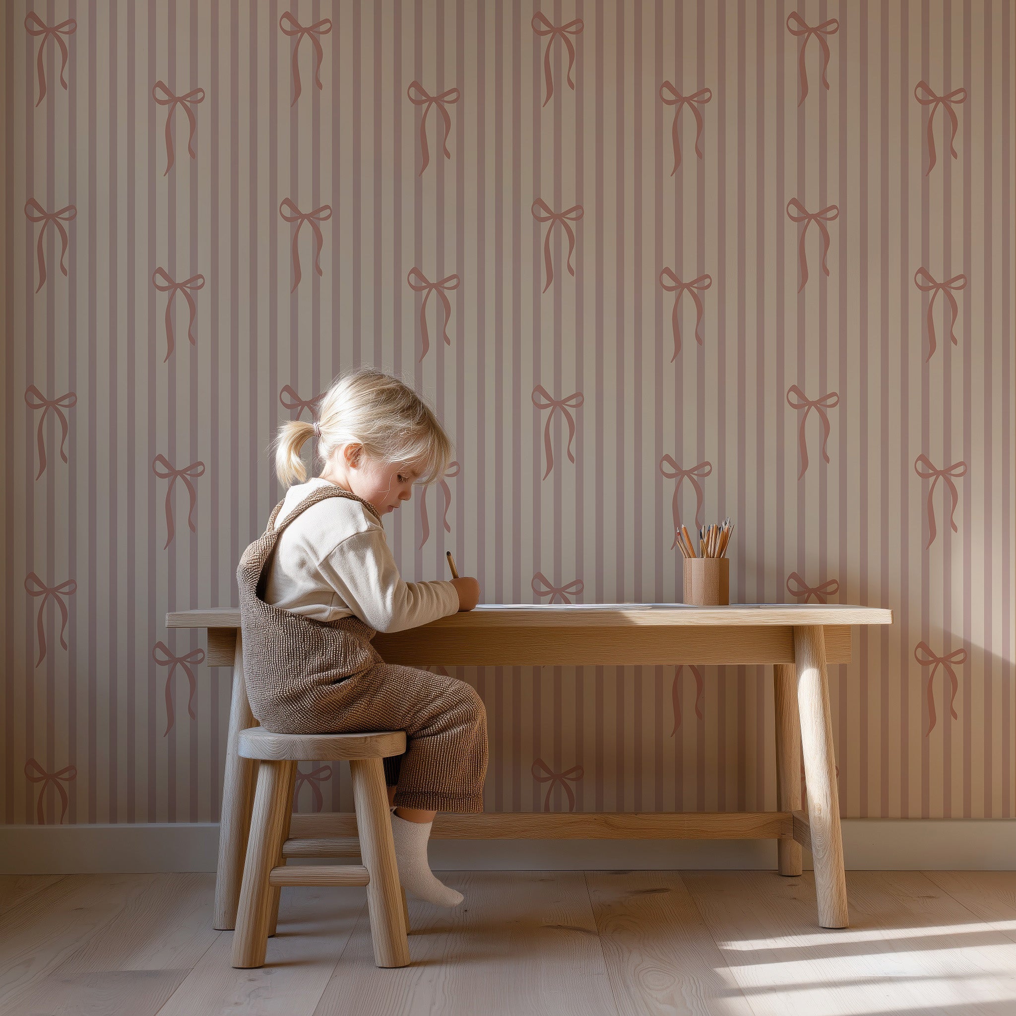 Behang Striped Bows - dusty blush