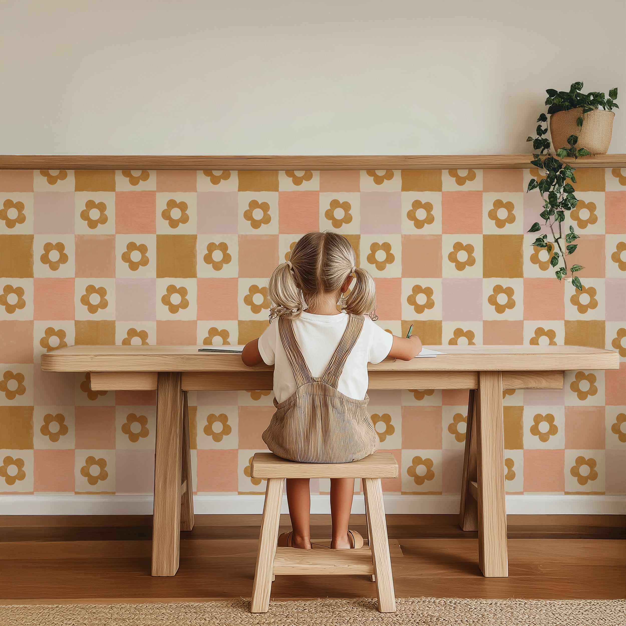 Behang Ruitje Ruitje - lila met bloemetjes