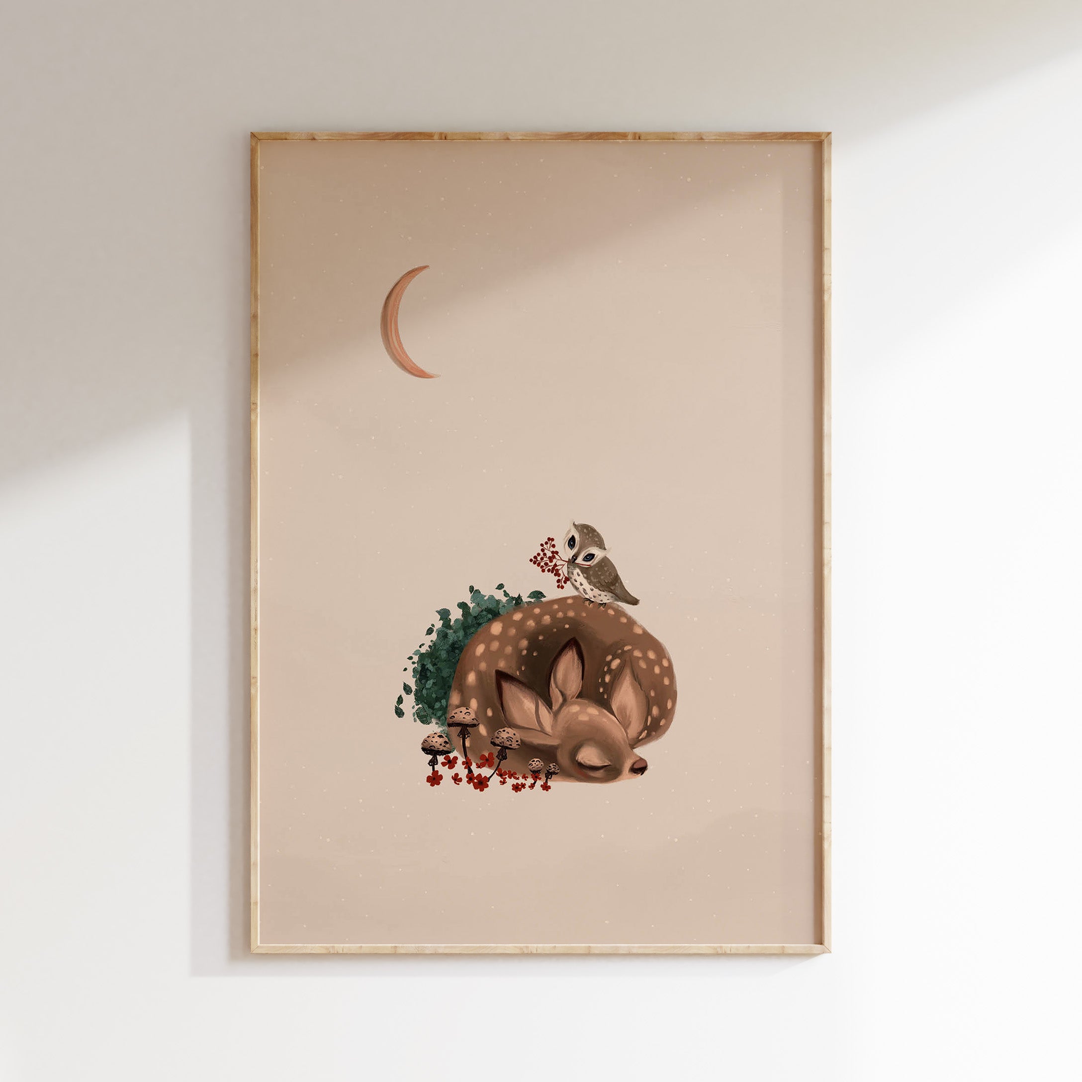 Children's room poster - Sleeping deer with owl | Enchanted Forest