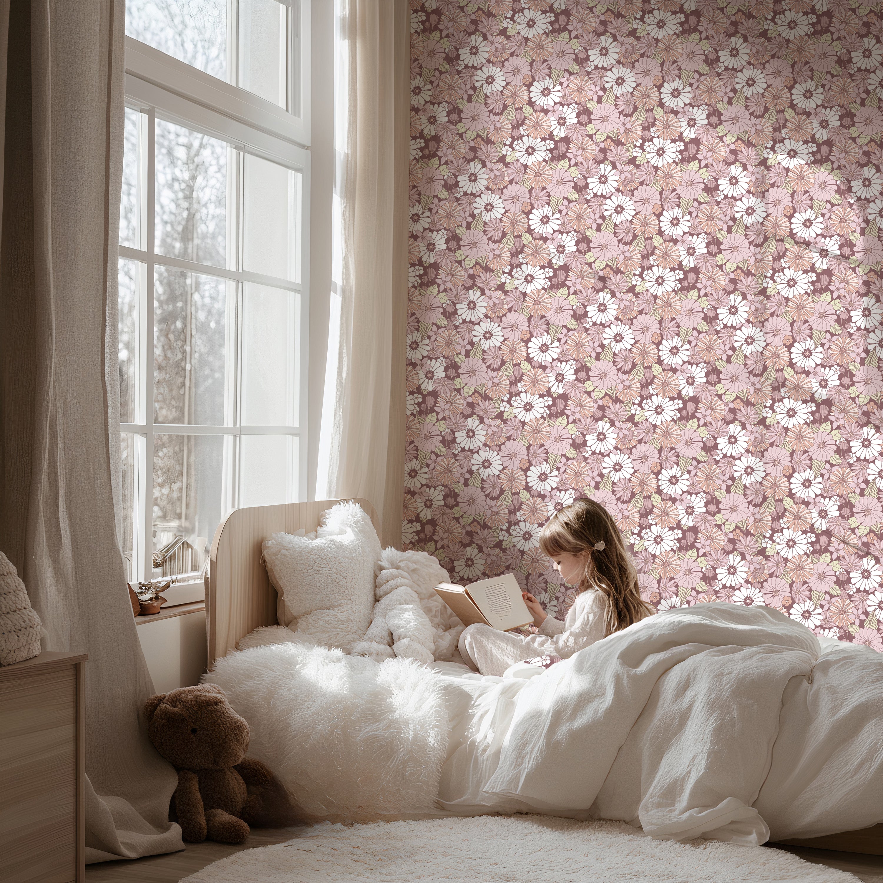 Wallpaper Retro Flowers - lilac