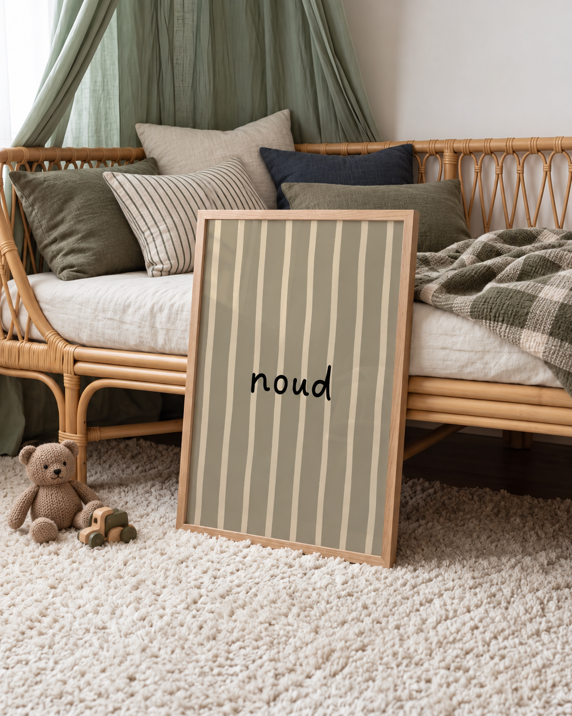 Flow Stripes naamposter in olijfgroen gestyled in een kinderkamer