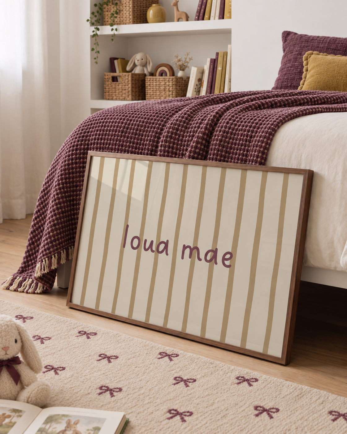 Flow Stripes naamposter in plum olive gestyled in een kinderkamer