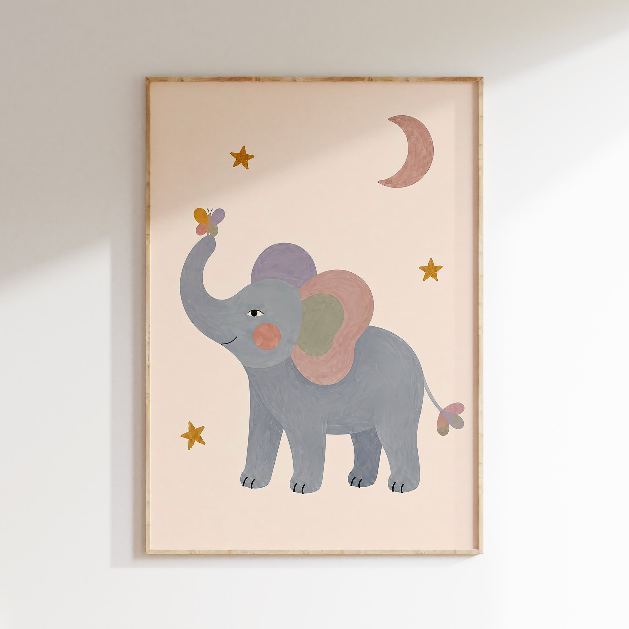 Olifant poster met vlinder, maan en sterren voor de kinderkamer