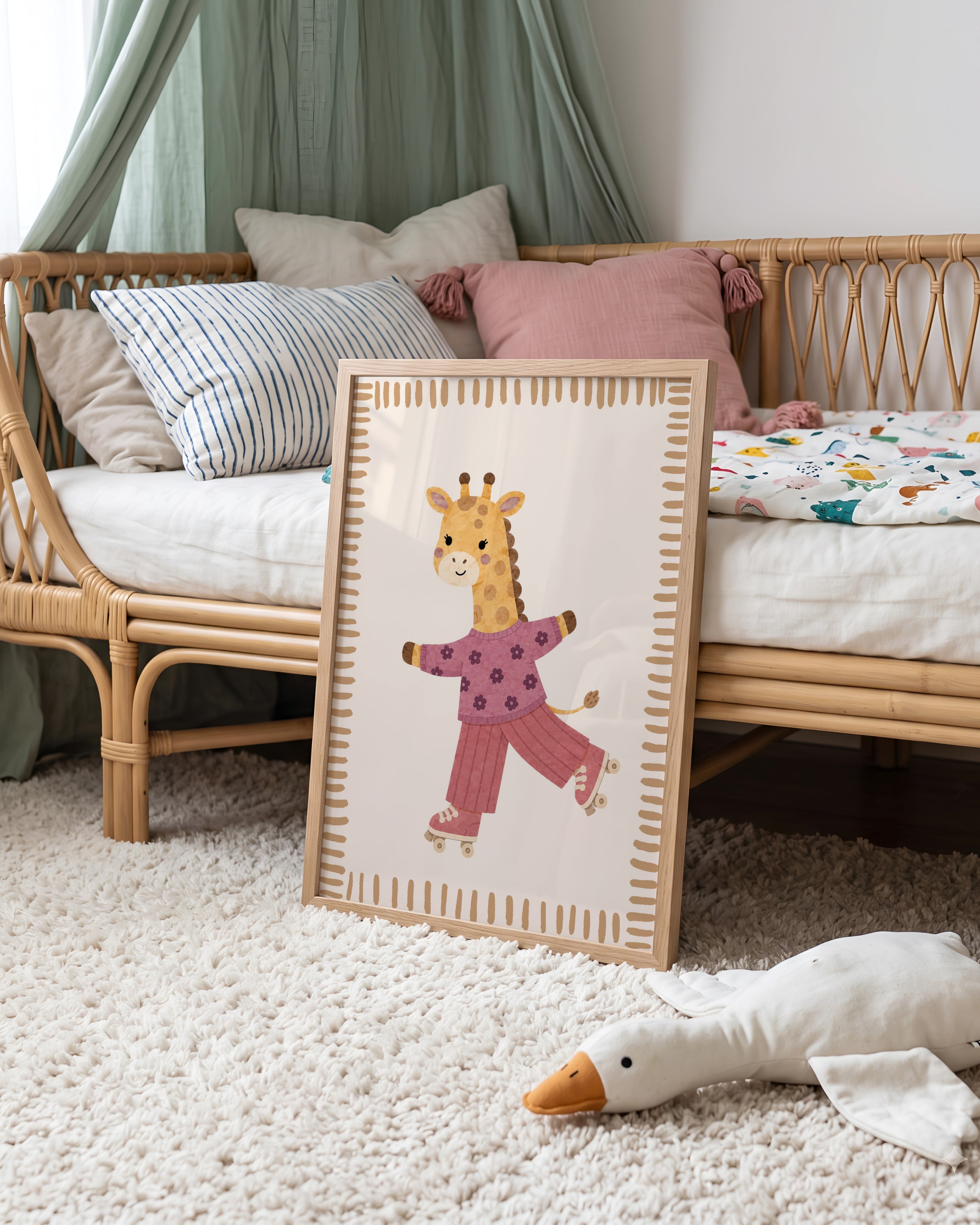 Retro dierenposter met giraf op roze rolschaatsen voor de kinderkamer