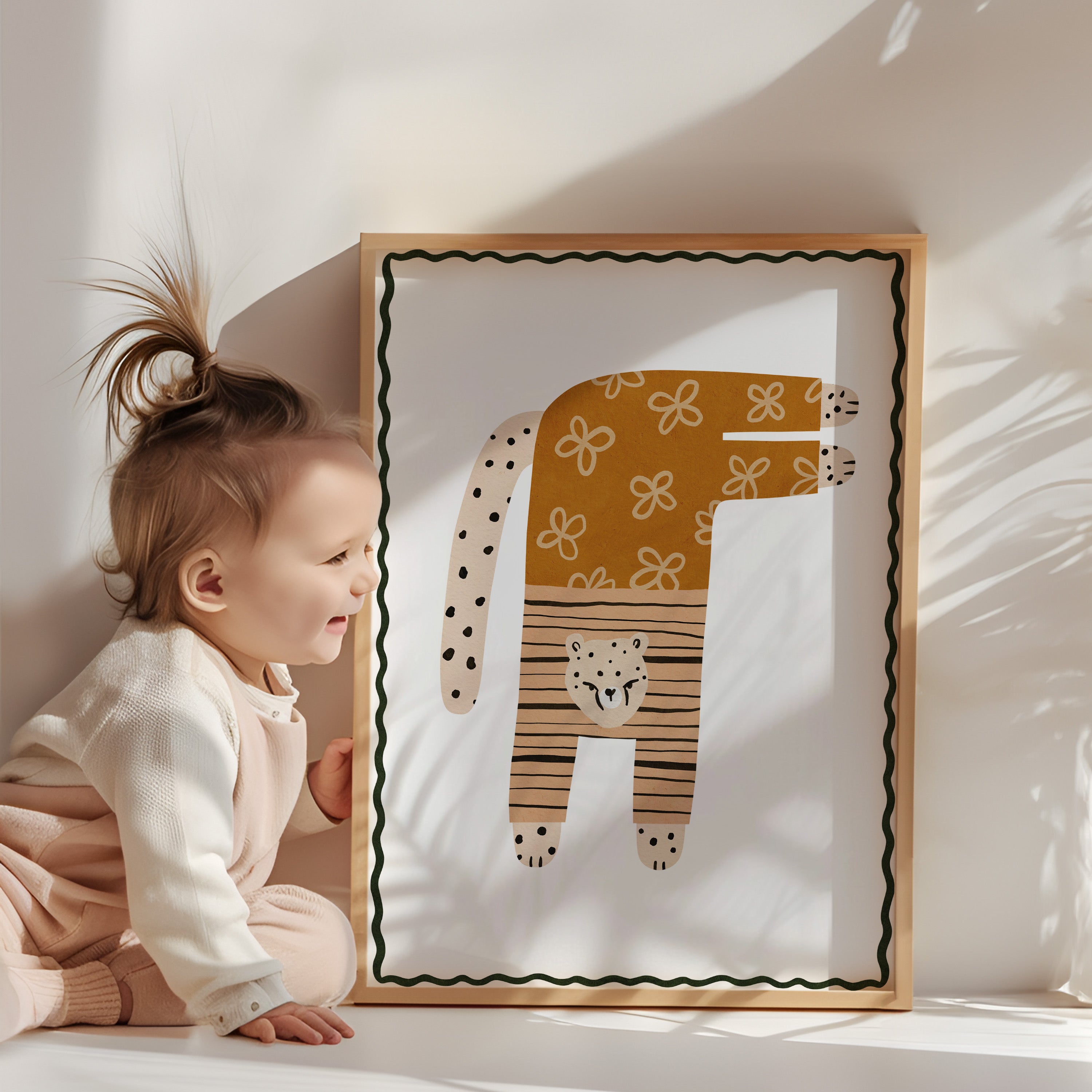 Retro nursery poster - Leopard with floral pattern