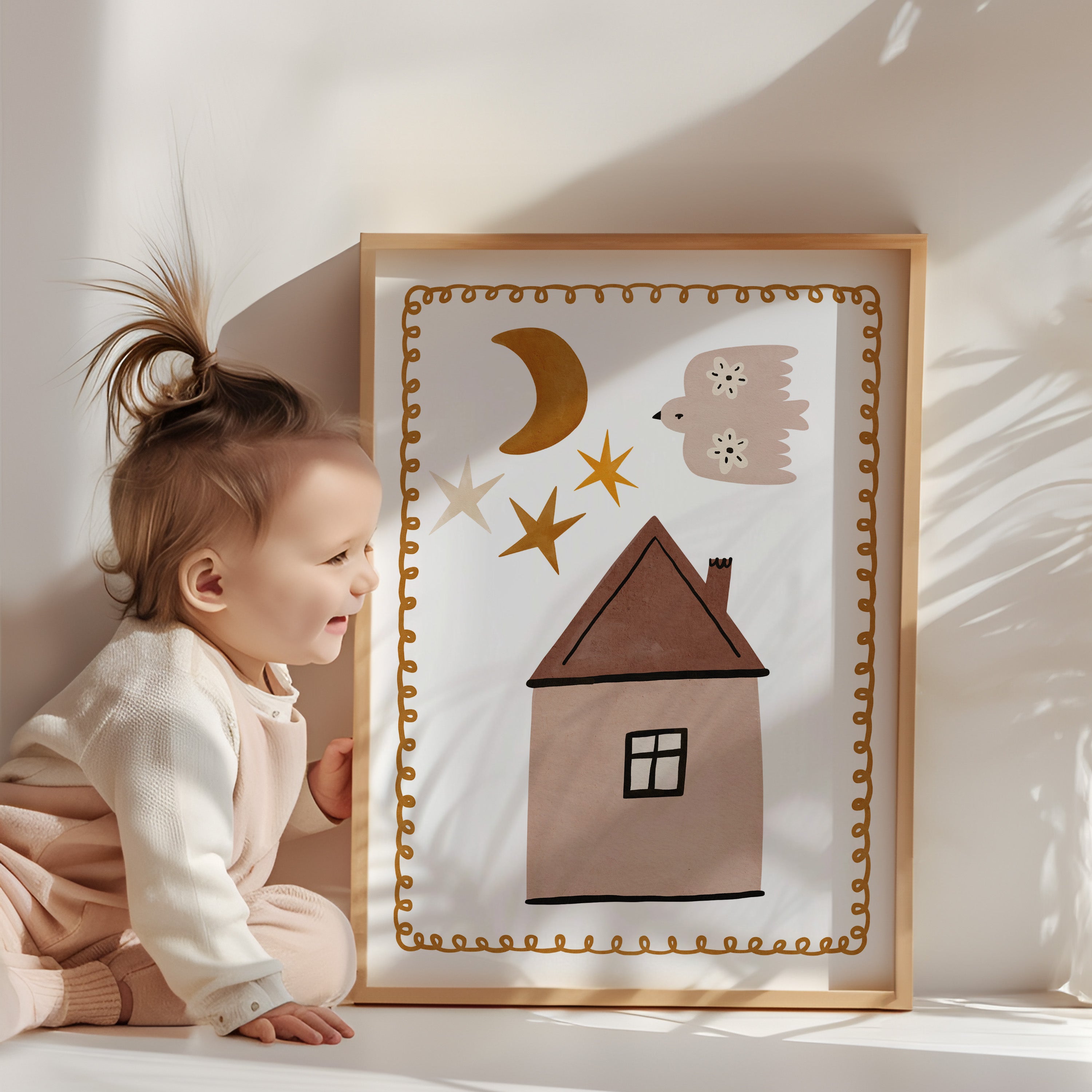 Retro kinderkamer poster - Huisje met maan en sterren