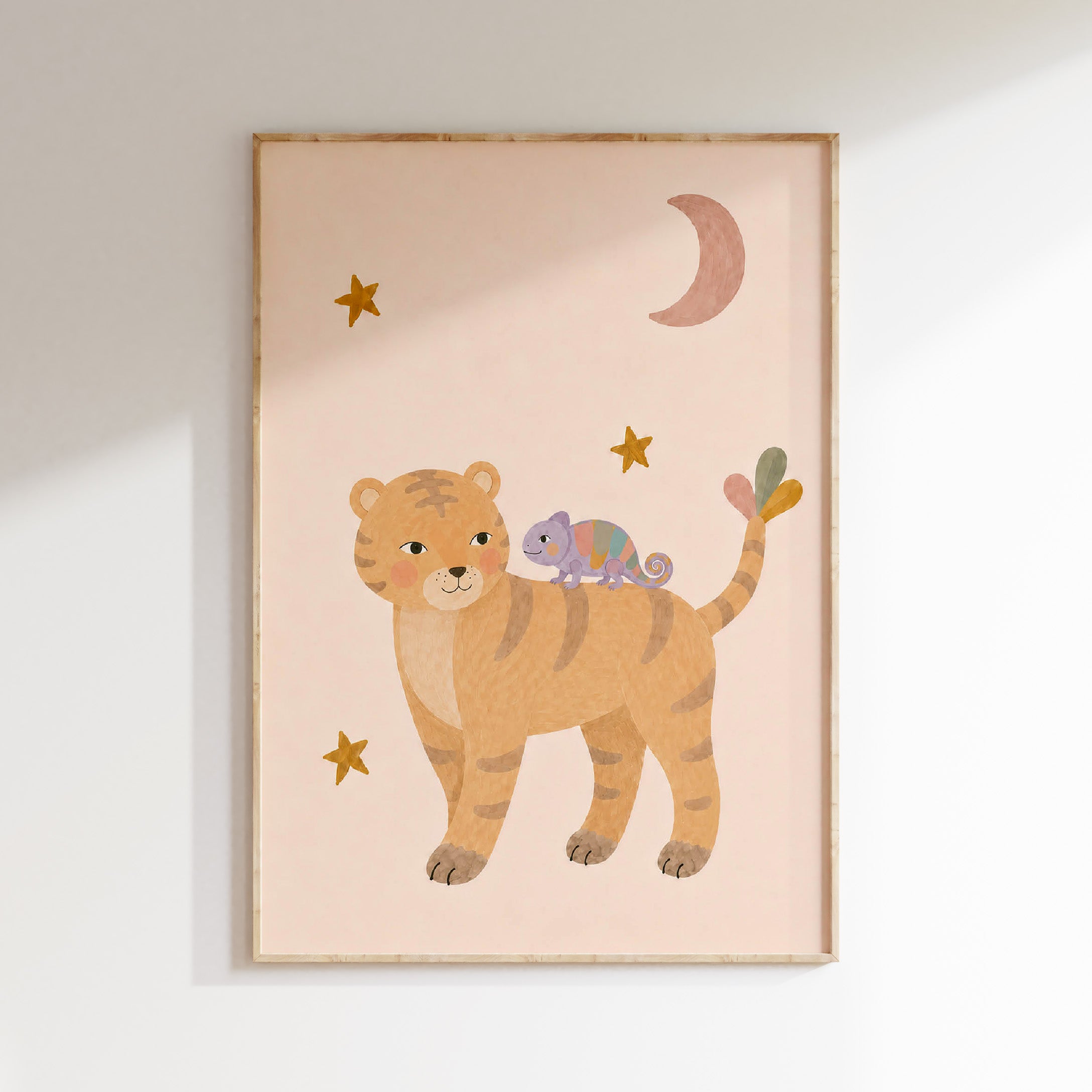 Tijger en kameleon poster met maan en sterren voor de kinderkamer