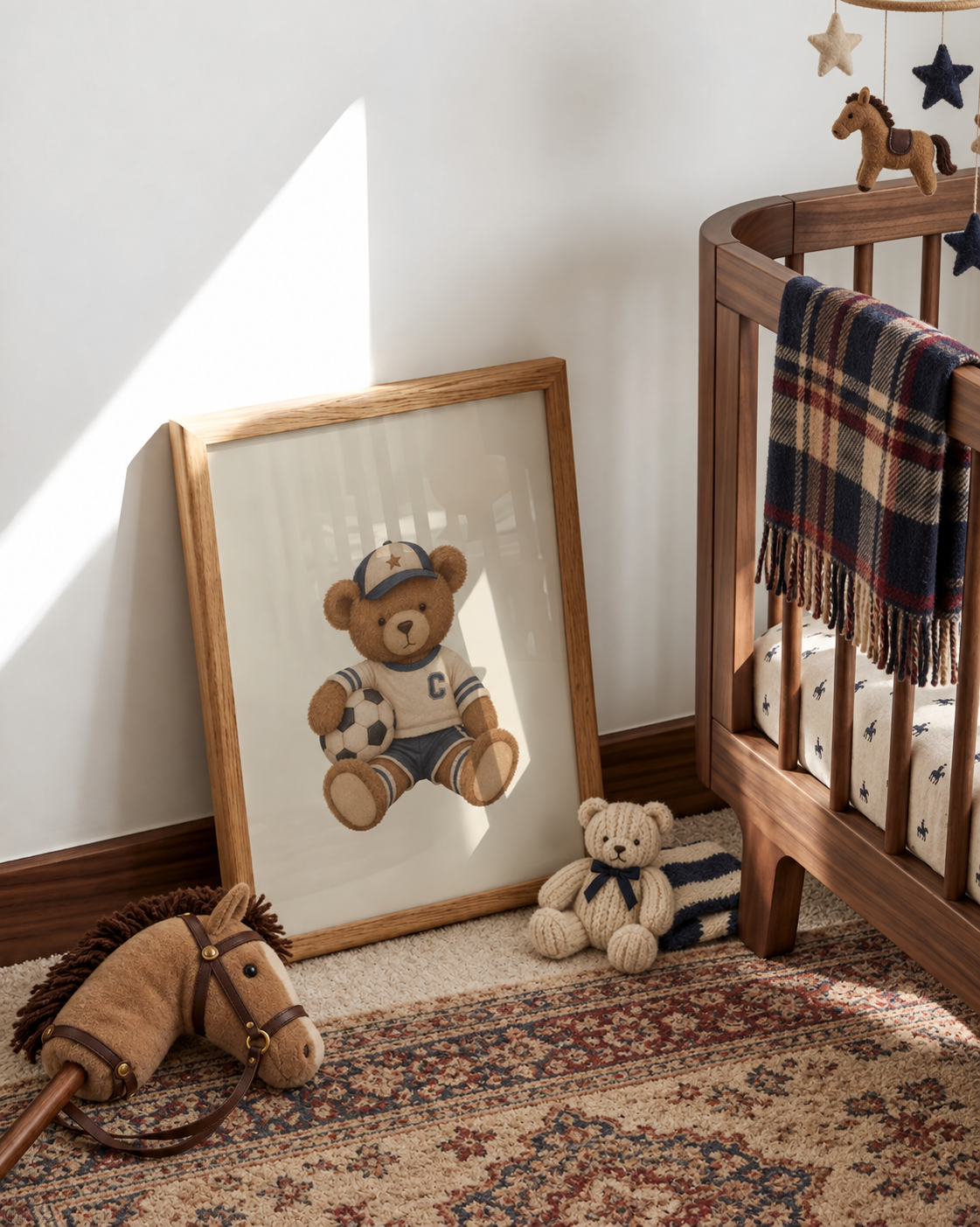 Sportieve vintage teddybeer met voetbal als poster in een warme kinderkamer