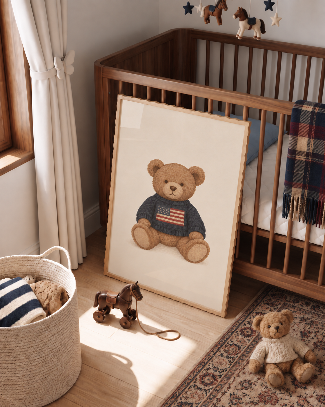 Vintage teddybeer met donkerblauwe trui als poster in een warme kinderkamer