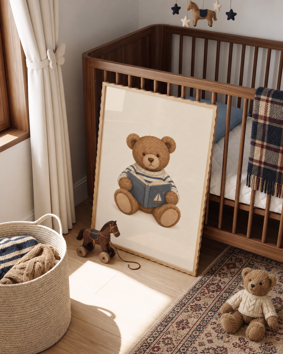 Lezende vintage teddybeer als poster in een warme kinderkamer