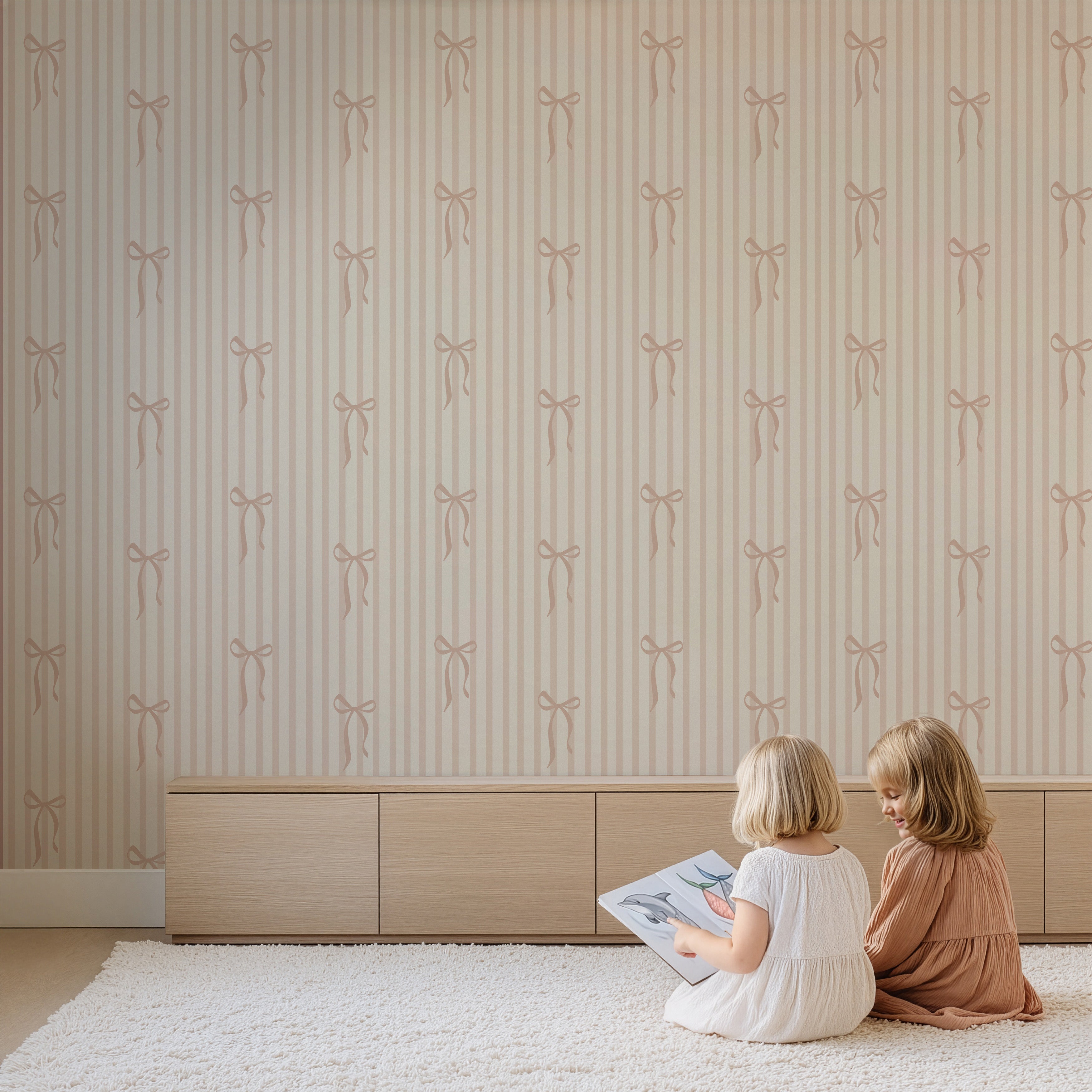 Behang Striped Bows - beige