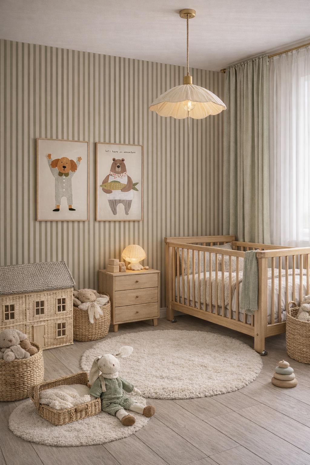 Rustige kinderkamer inspiratie met sagegroen streepjesbehang en natuurlijke materialen