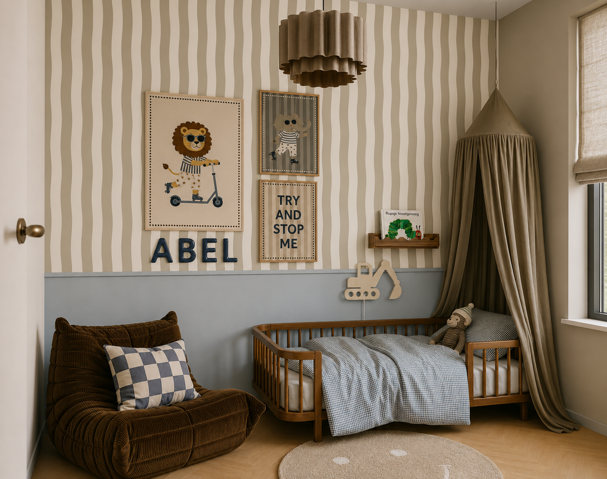 Jongenskamer met Wavy Stripes behang in Olive Green, houten peuterbed, dierenposters en natuurlijke accessoires.
