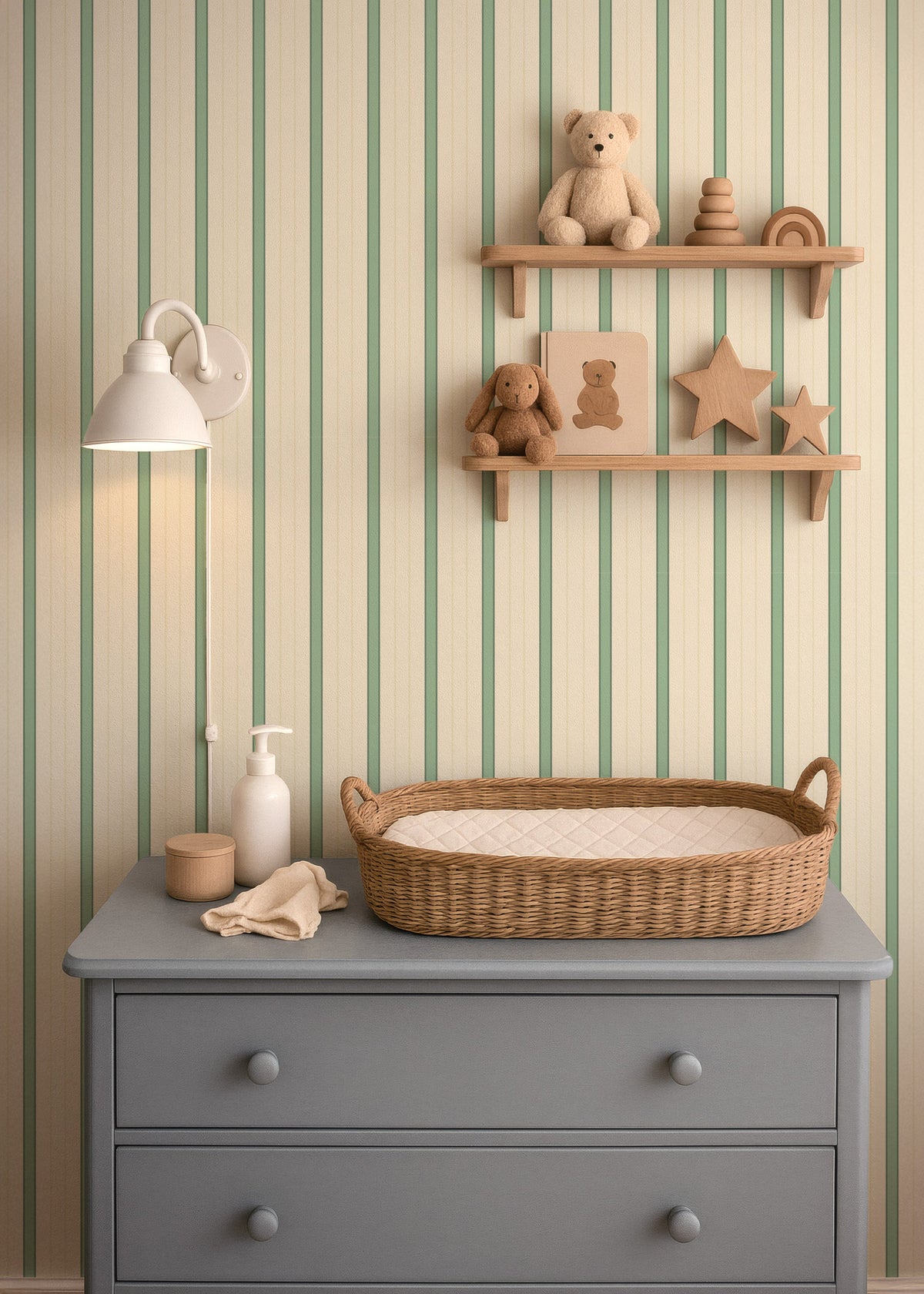 Commode met mand en houten planken voor Sweet Stripes fresh sage behang