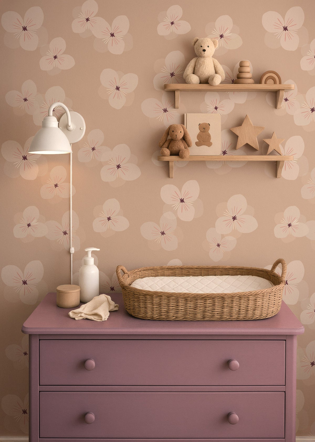 Oudroze commode met aankleedmand voor Soft Bloom warm beige behang