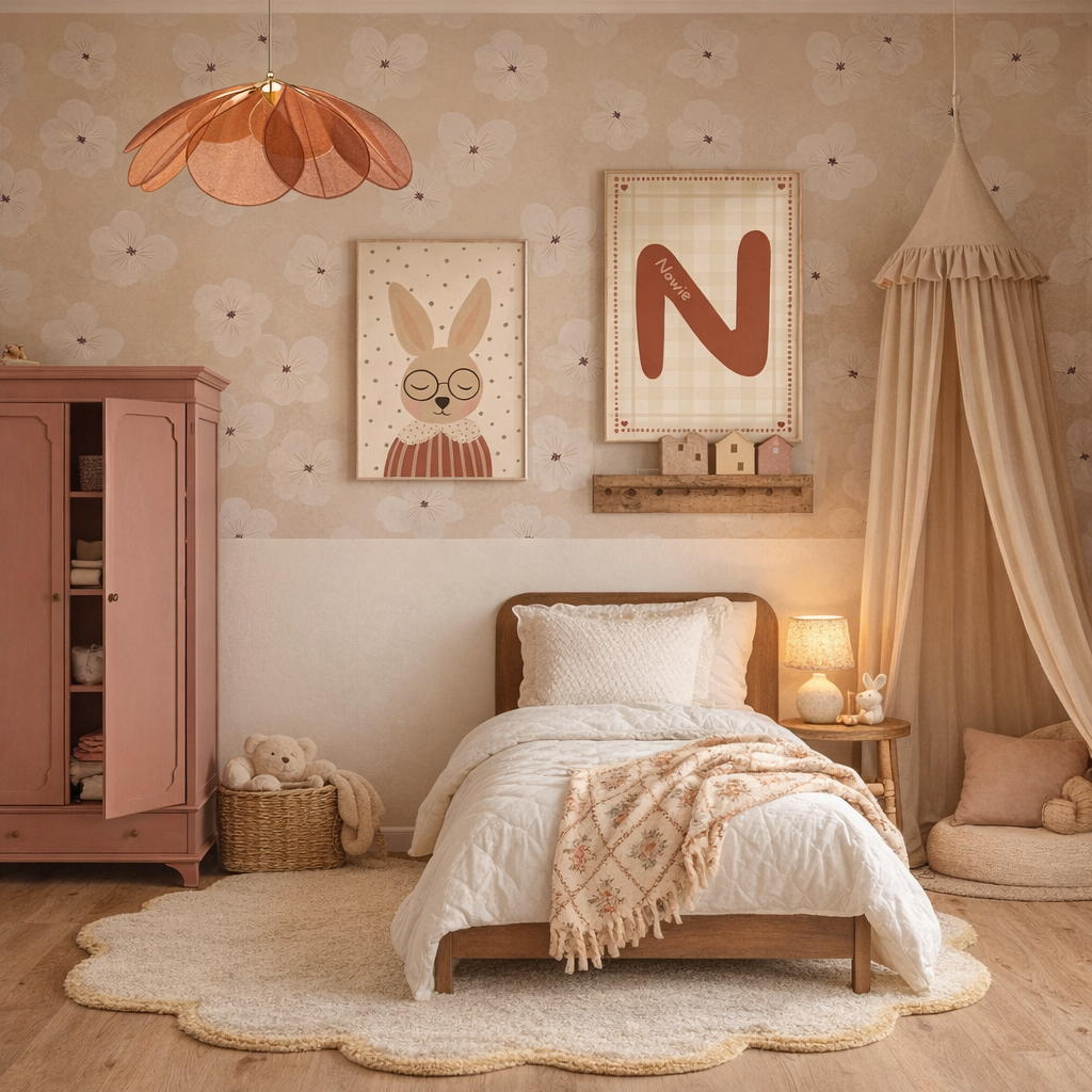 Kinderkamer met Soft Bloom butter bloemenbehang, houten bed en roze kast