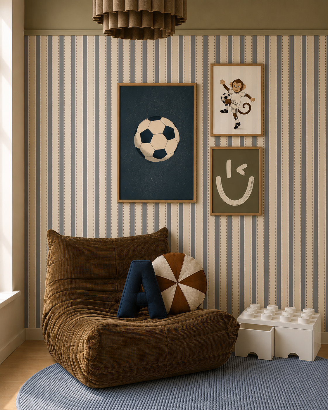 Leeshoek met sportposters en Dotted Stripes dusty blue behang