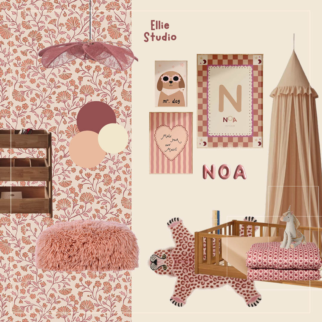 Meisjeskamer inspiratie: Warme meisjeskamer met Peach Bloom behang in Abricot Rose